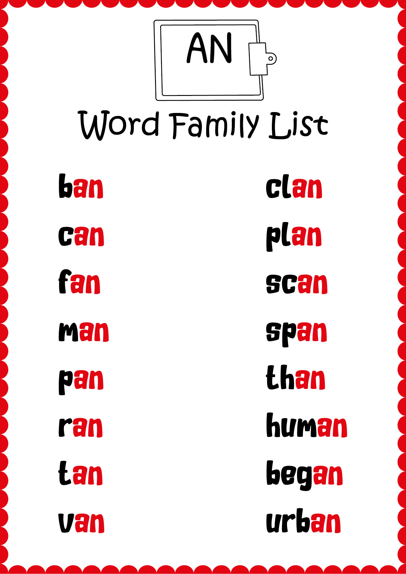 Printable List of AN Word Family Printable List of AN Word Family