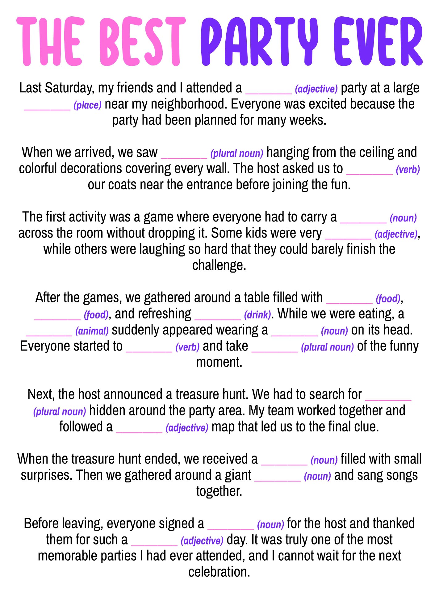Printable Mad Libs for Kids Parties
