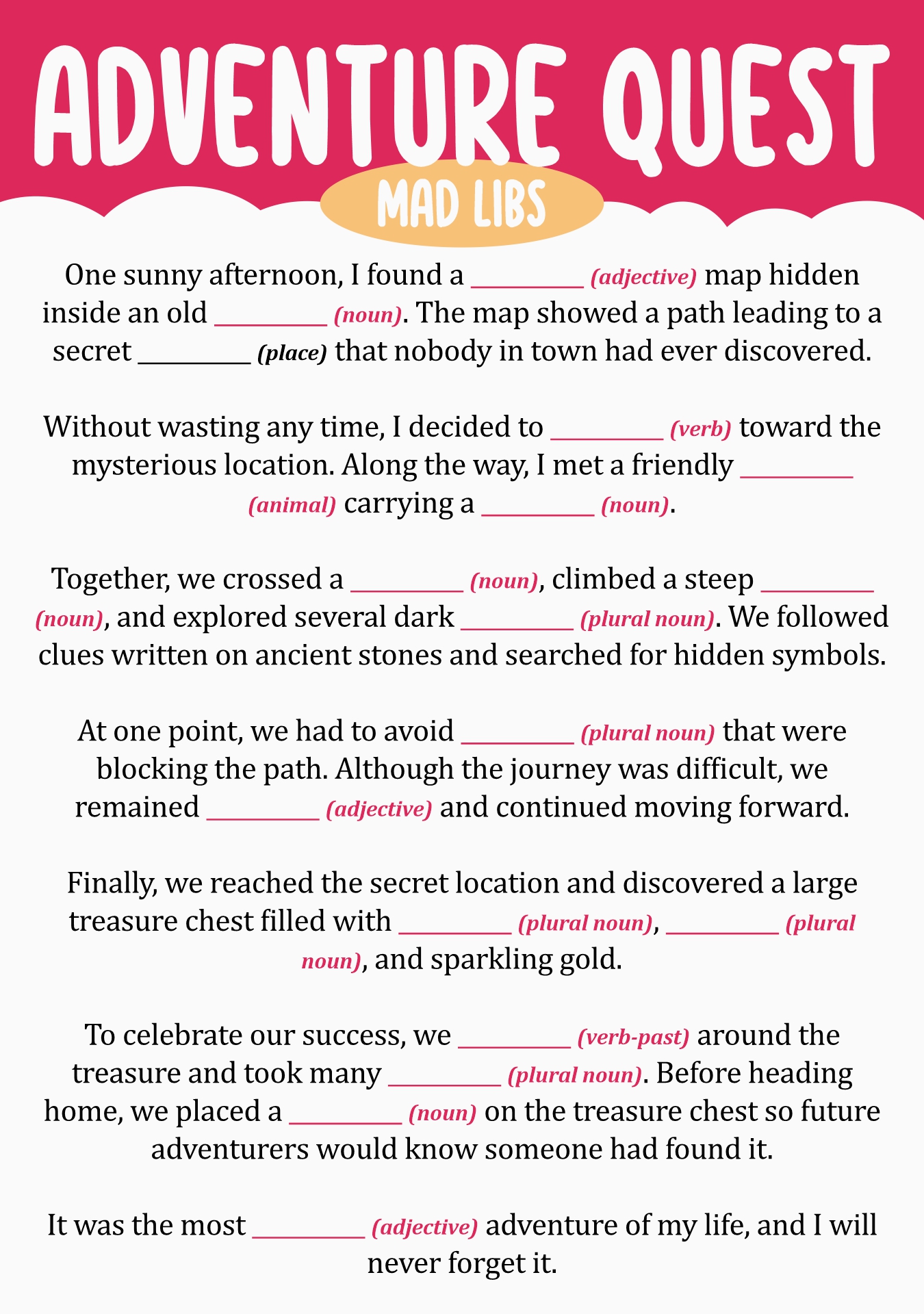 Printable Mad Libs Kids Adventure Stories