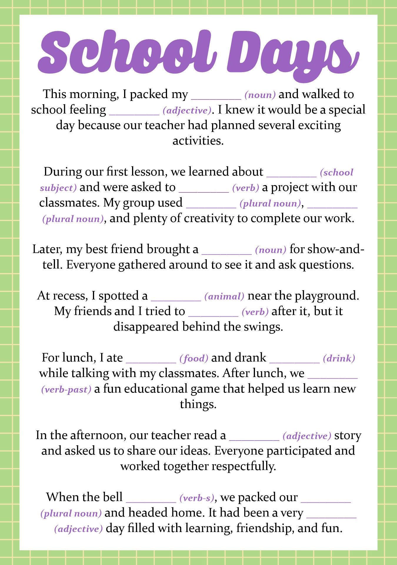 Printable Mad Libs Kids School Themes