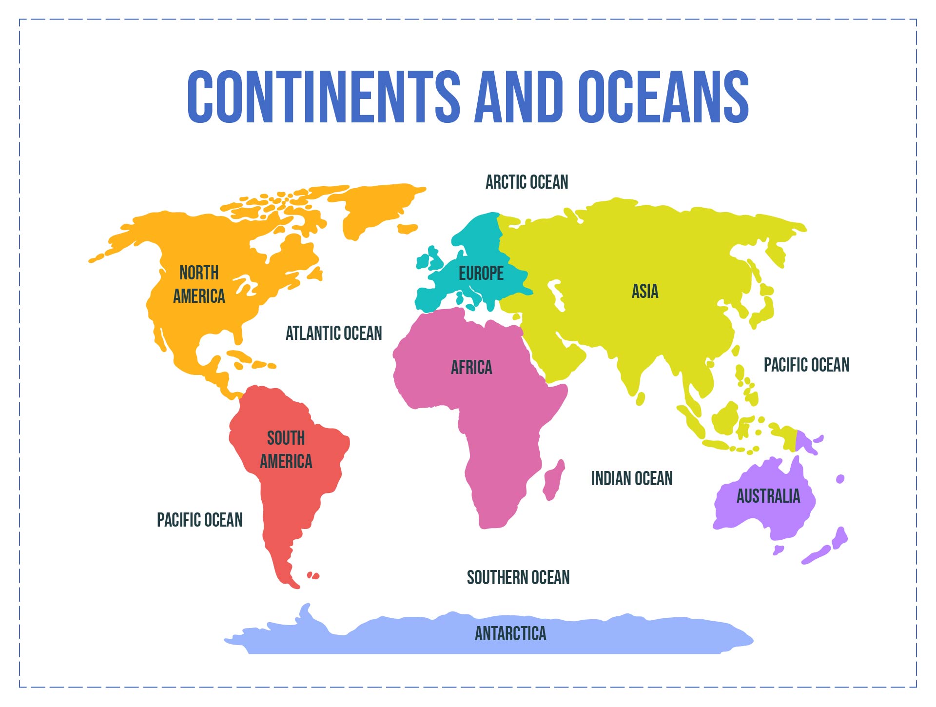 Printable Map of World with Names of Continents and Oceans