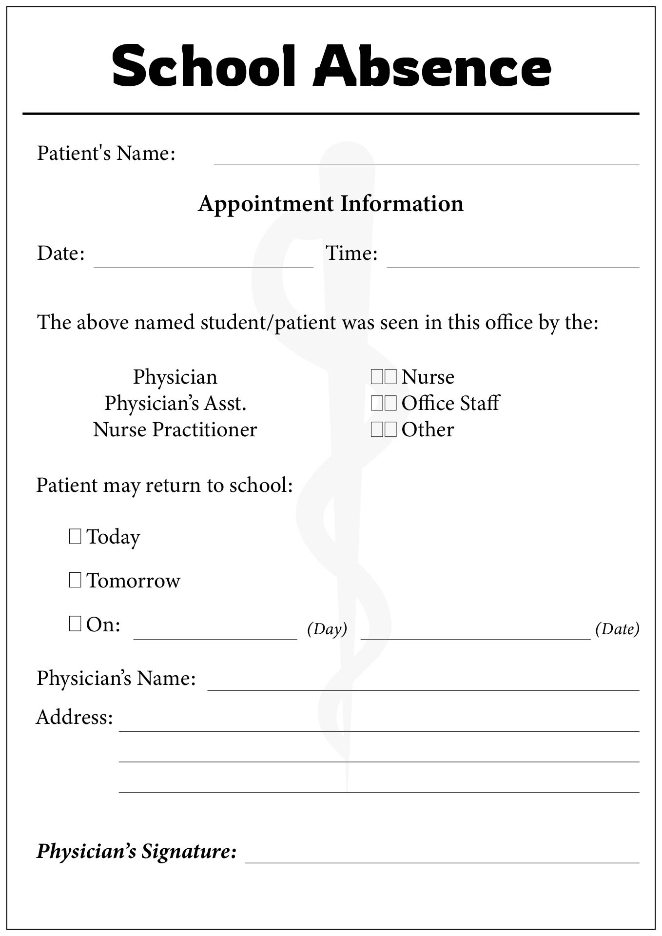 Printable Medical Absent Note for School Printable Medical Absent Note for School