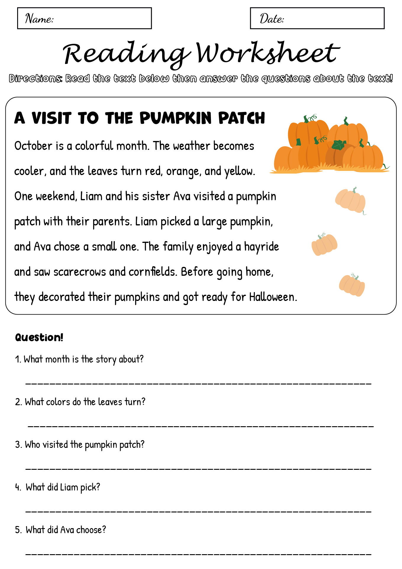 Printable October Reading Comprehension Worksheets