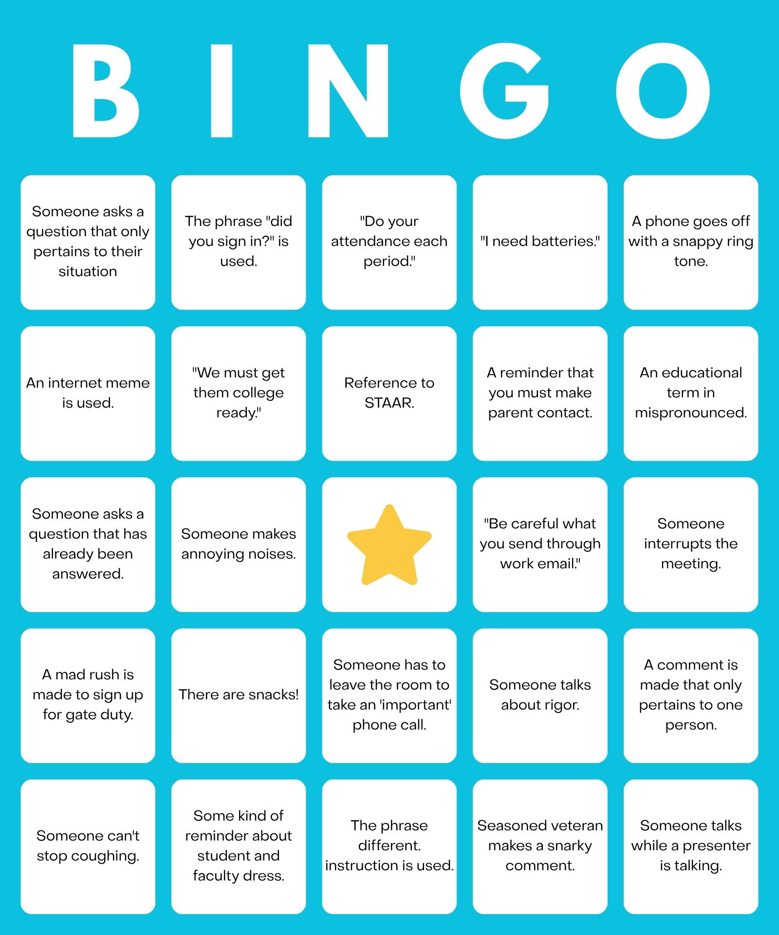 Printable Office Meeting Bingo Cards