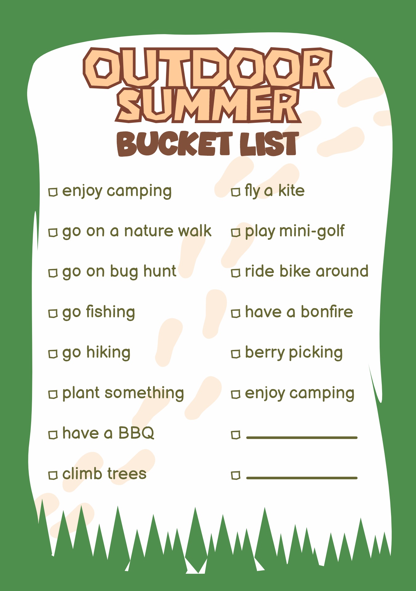 Printable Outdoor Summer Bucket List