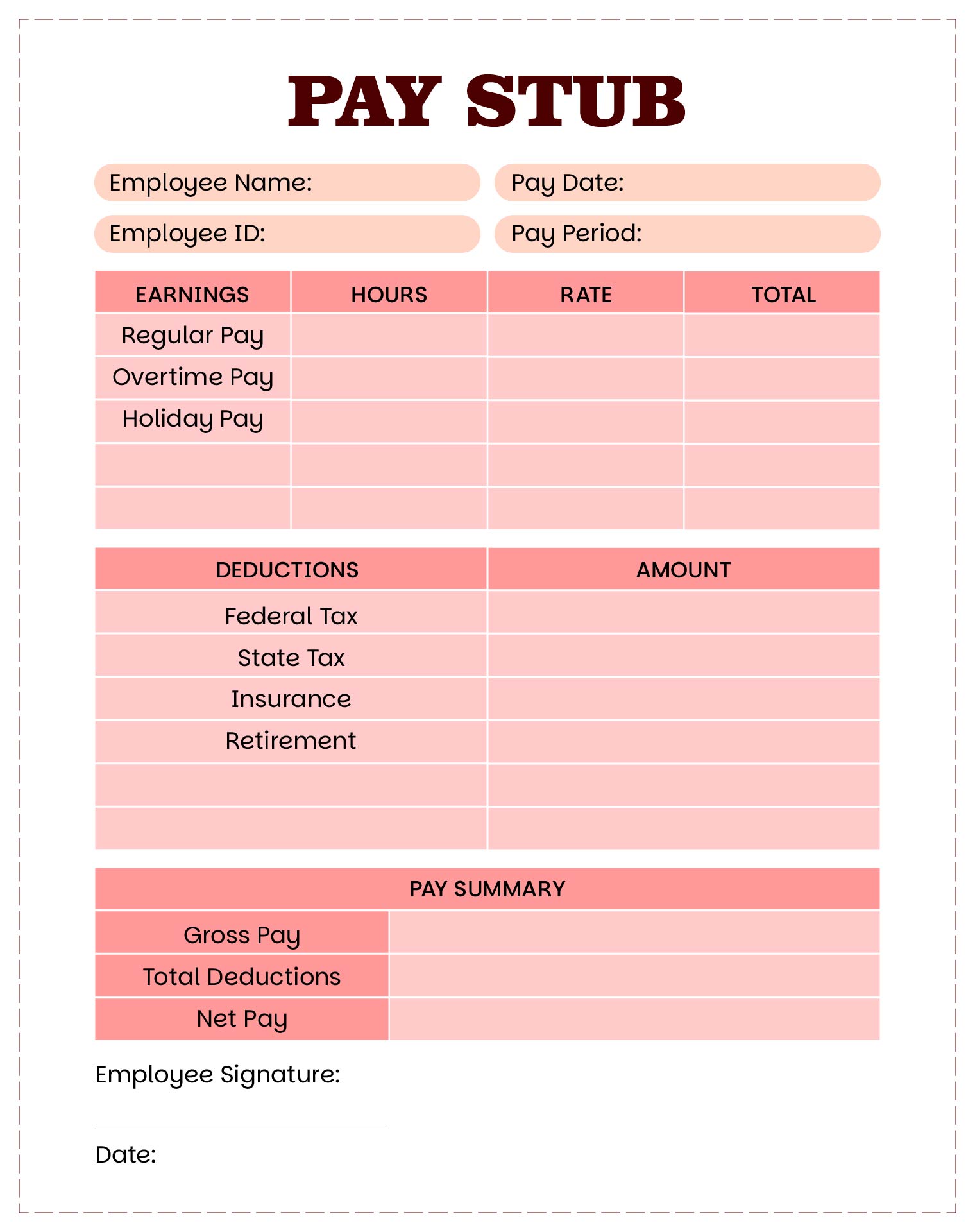 Printable Pay Stub Templates for Blank Sheets