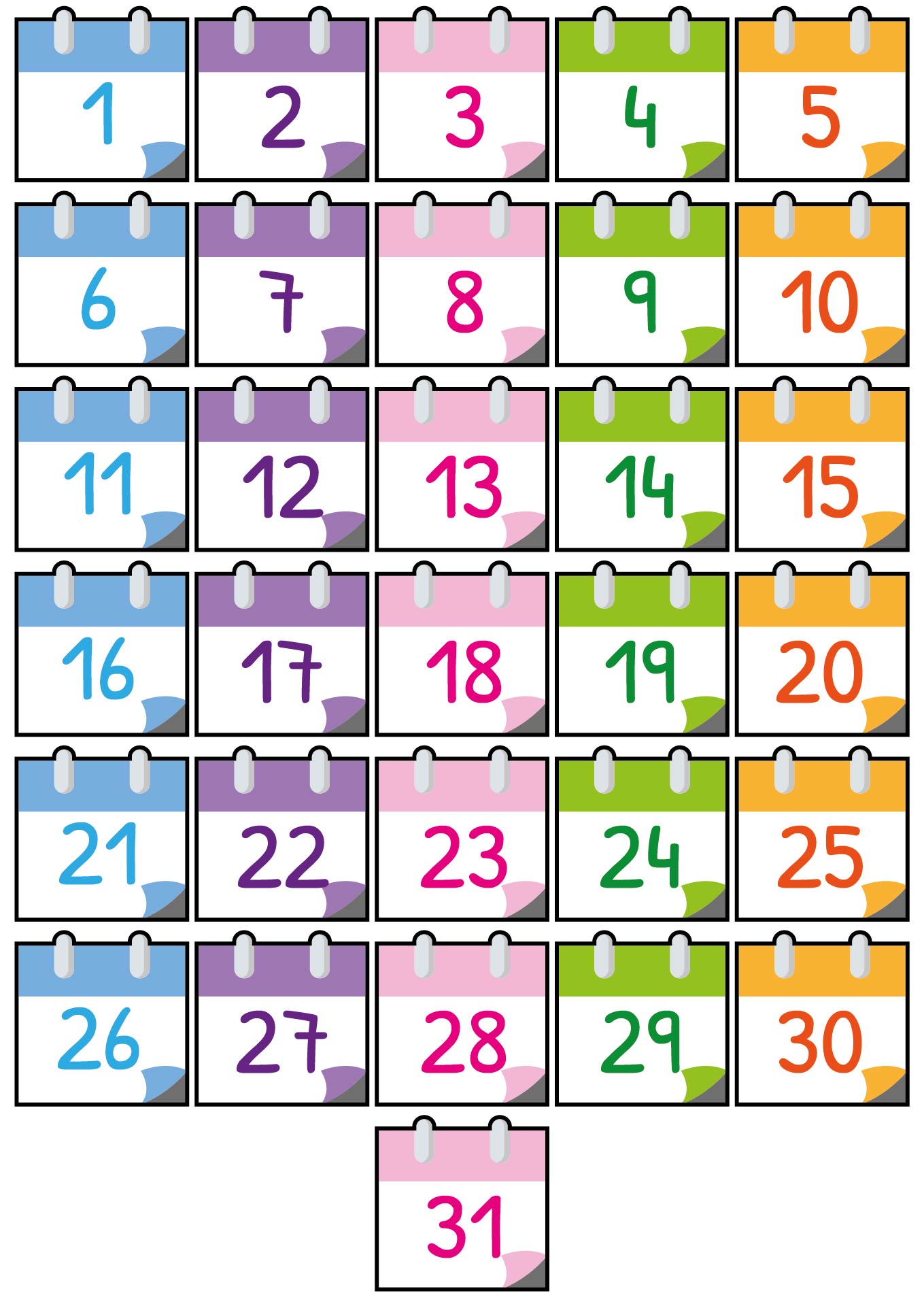 Printable Preschool Calendar Numbers 1-31 for Classroom Display