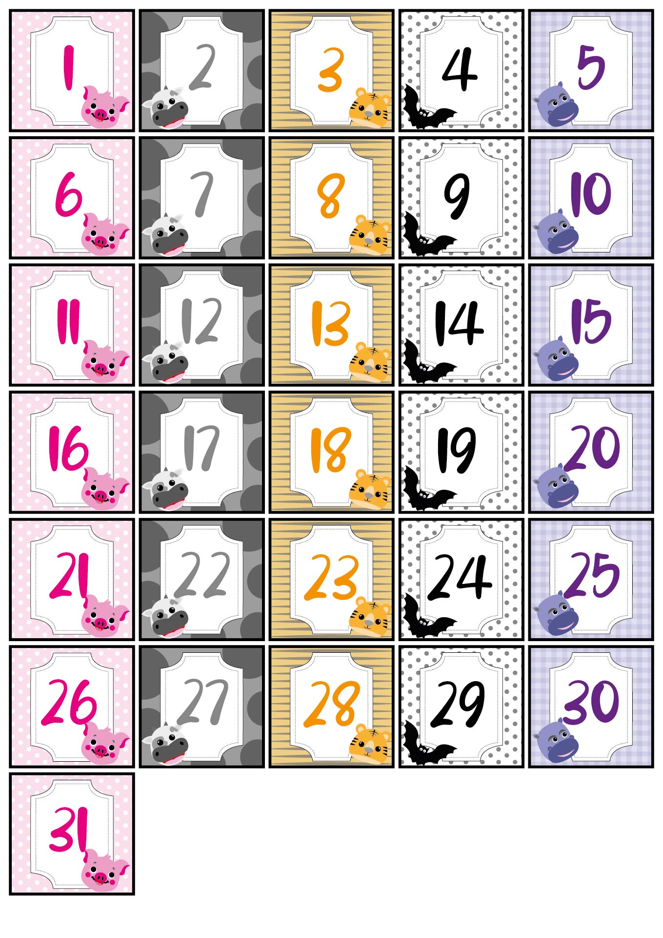 Printable Preschool Calendar Numbers 1-31 with Animals