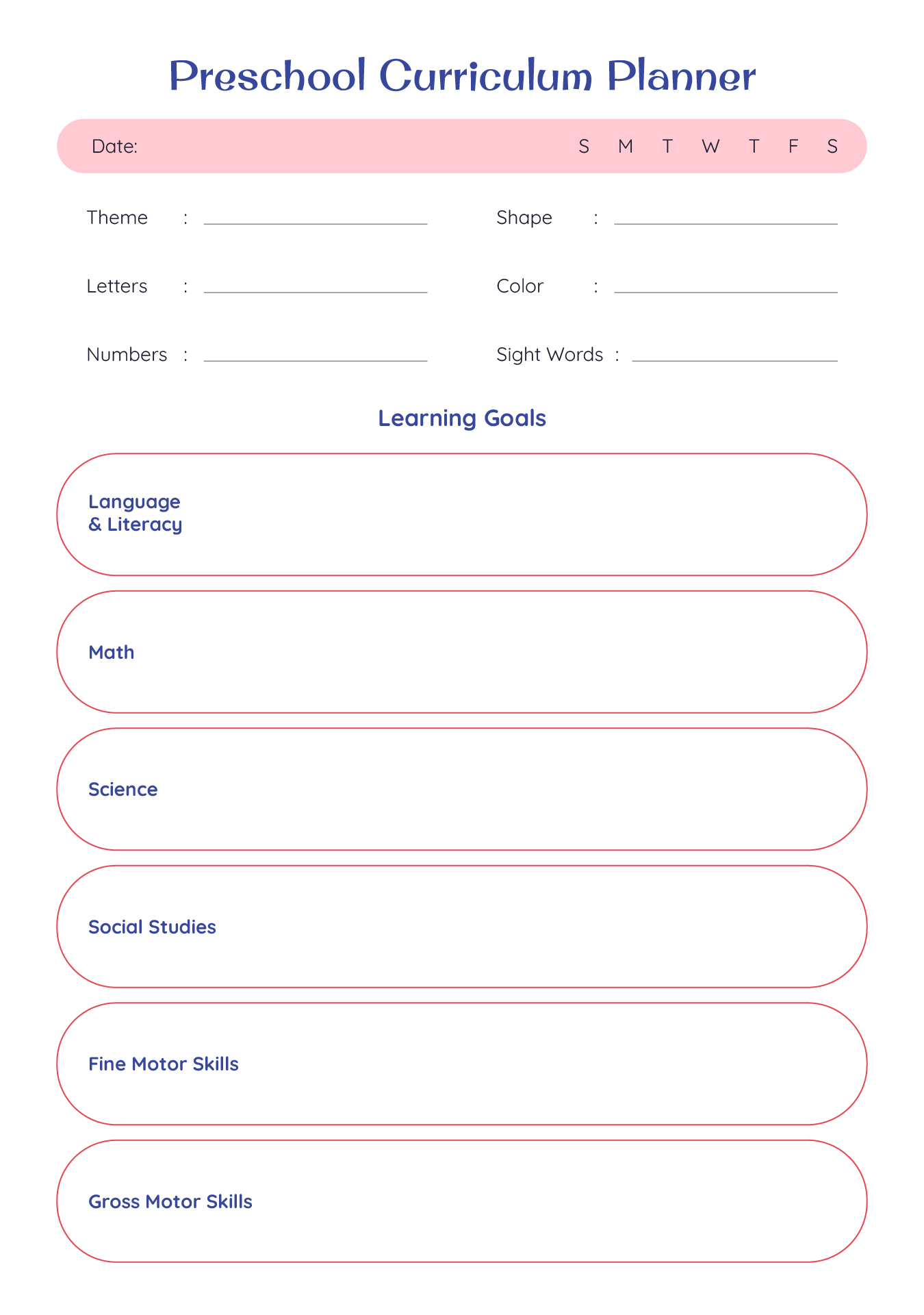 Printable Preschool Curriculum Planner