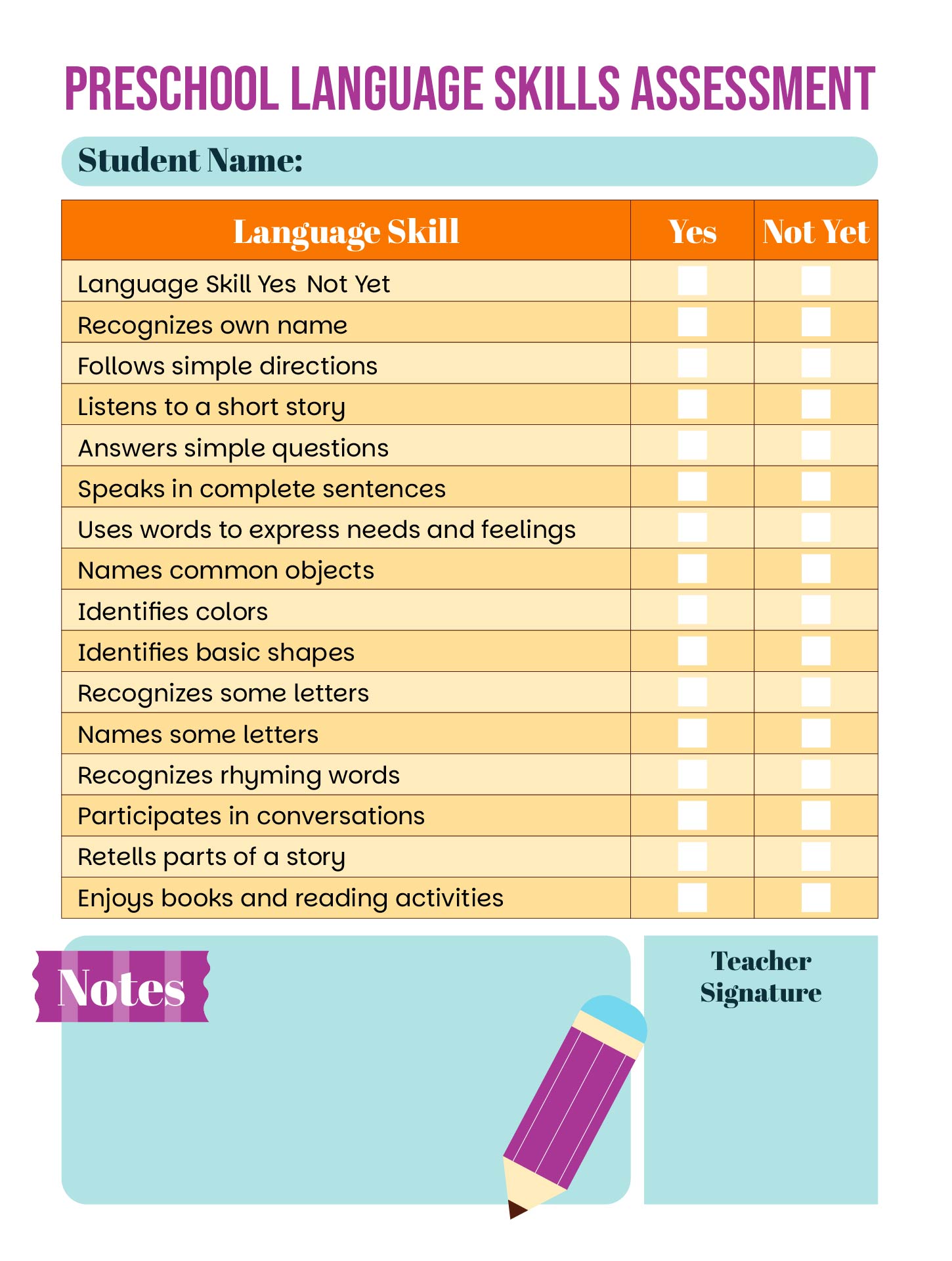 Printable Preschool Language Skills Assessment Form