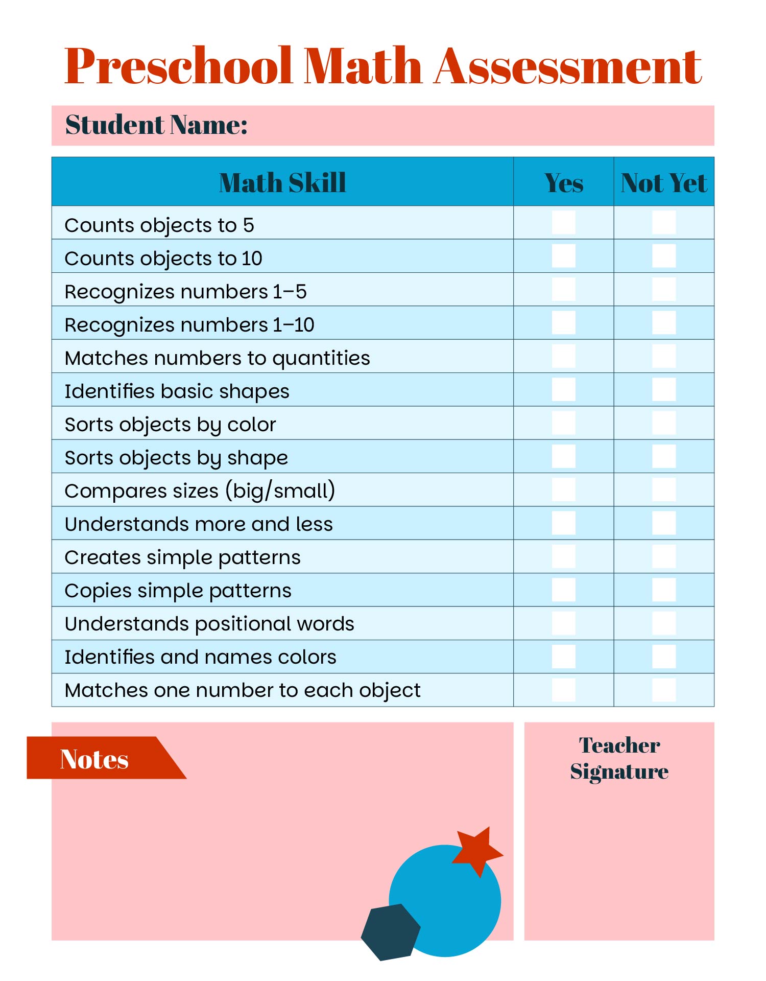 Printable Preschool Math Assessment Checklist