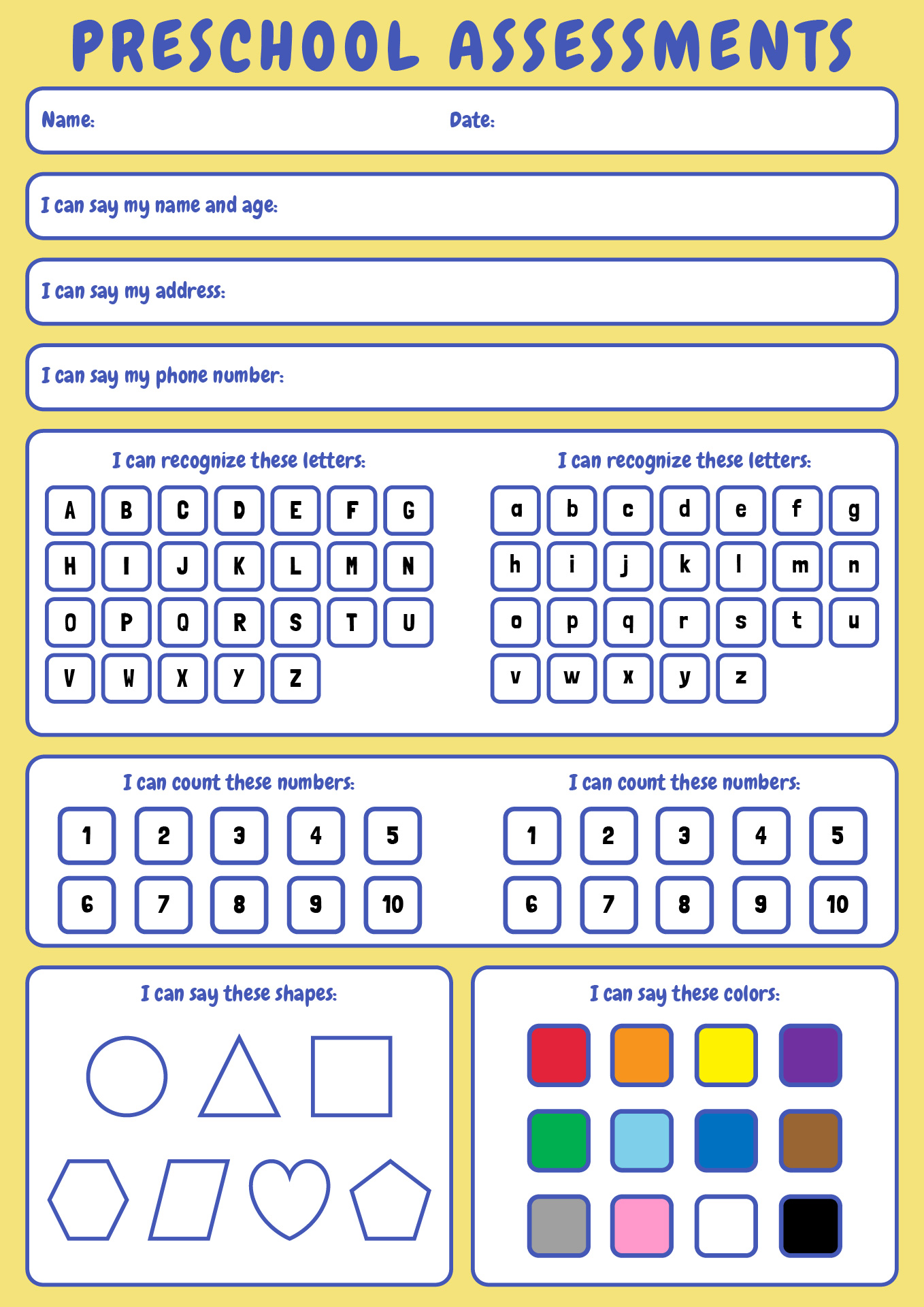 Printable Preschool Math Assessment Checklist