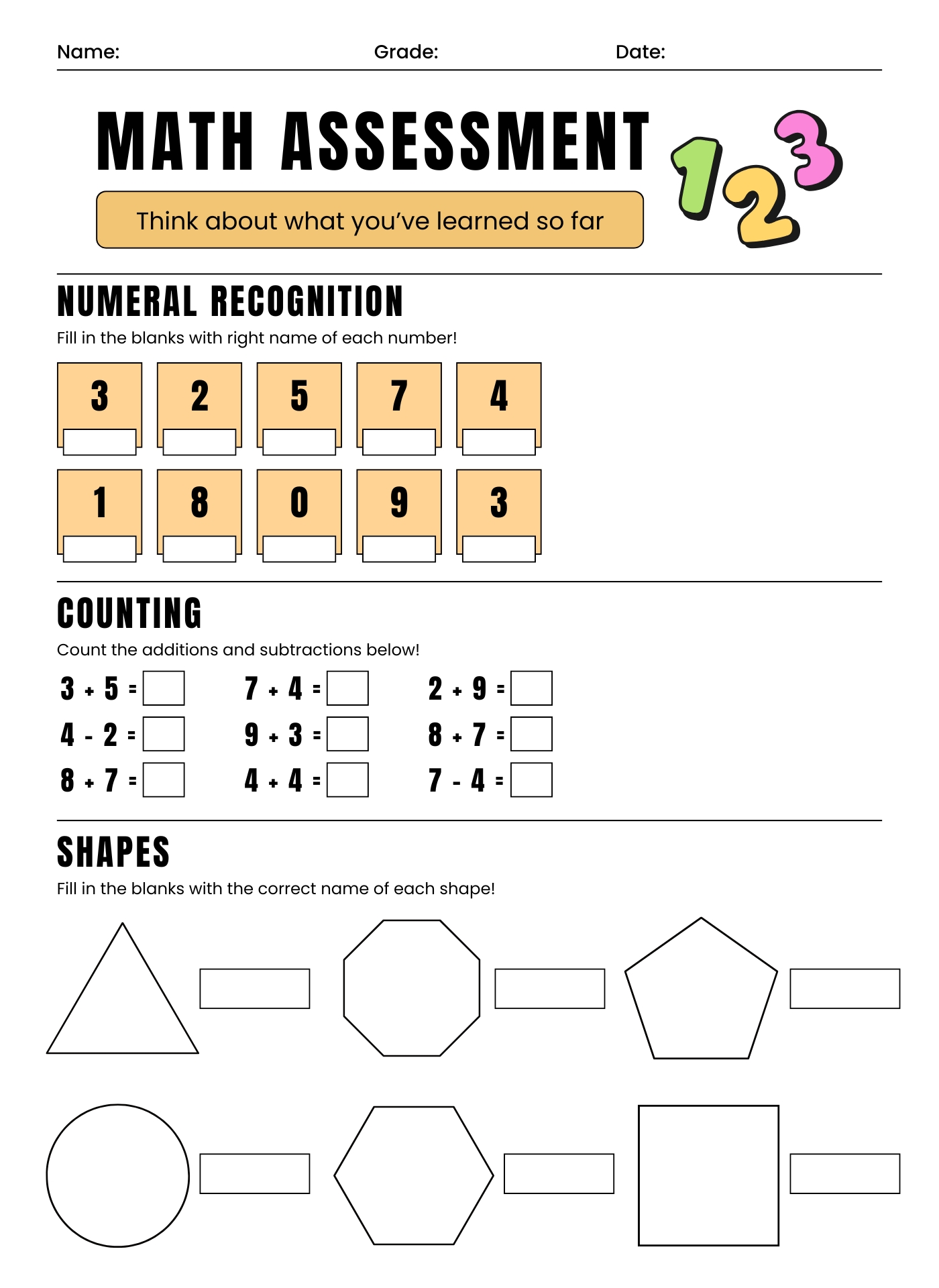 Printable Preschool Math Assessment Forms