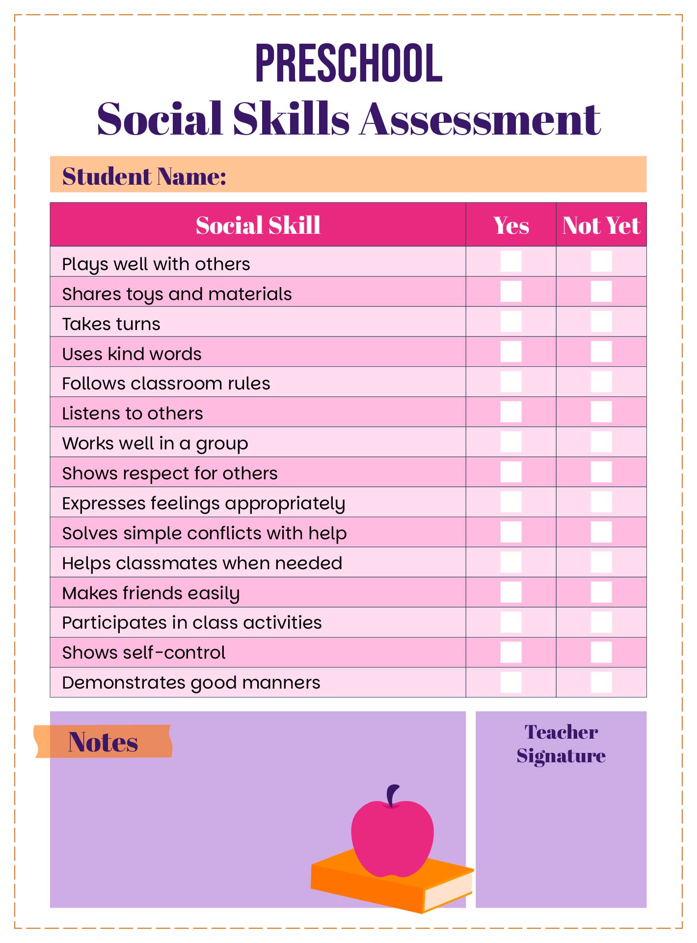 Printable Preschool Social Skills Assessment Sheet