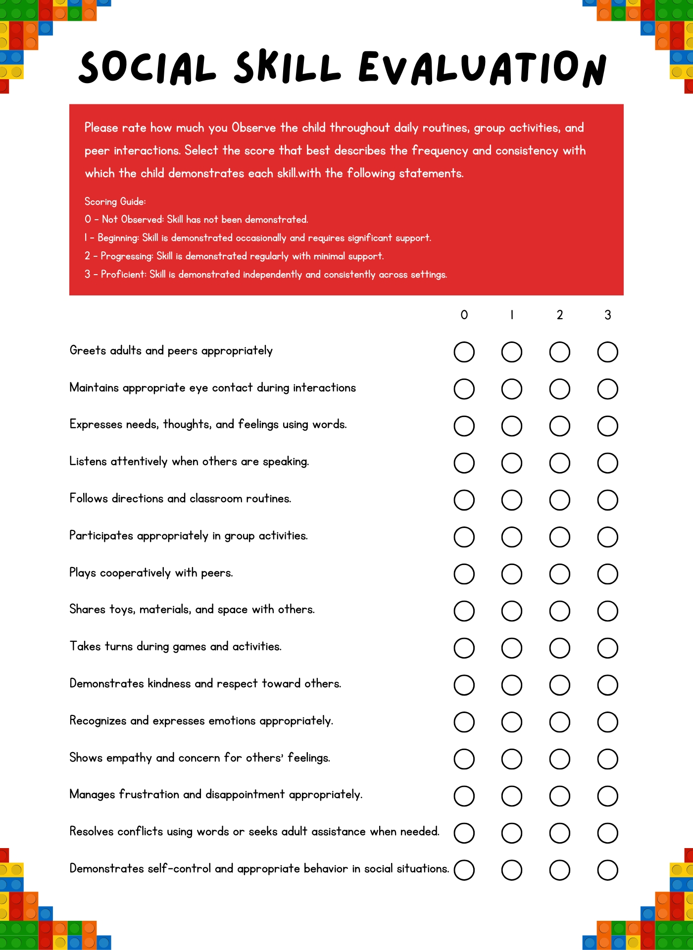 Printable Preschool Social Skills Evaluation Sheet