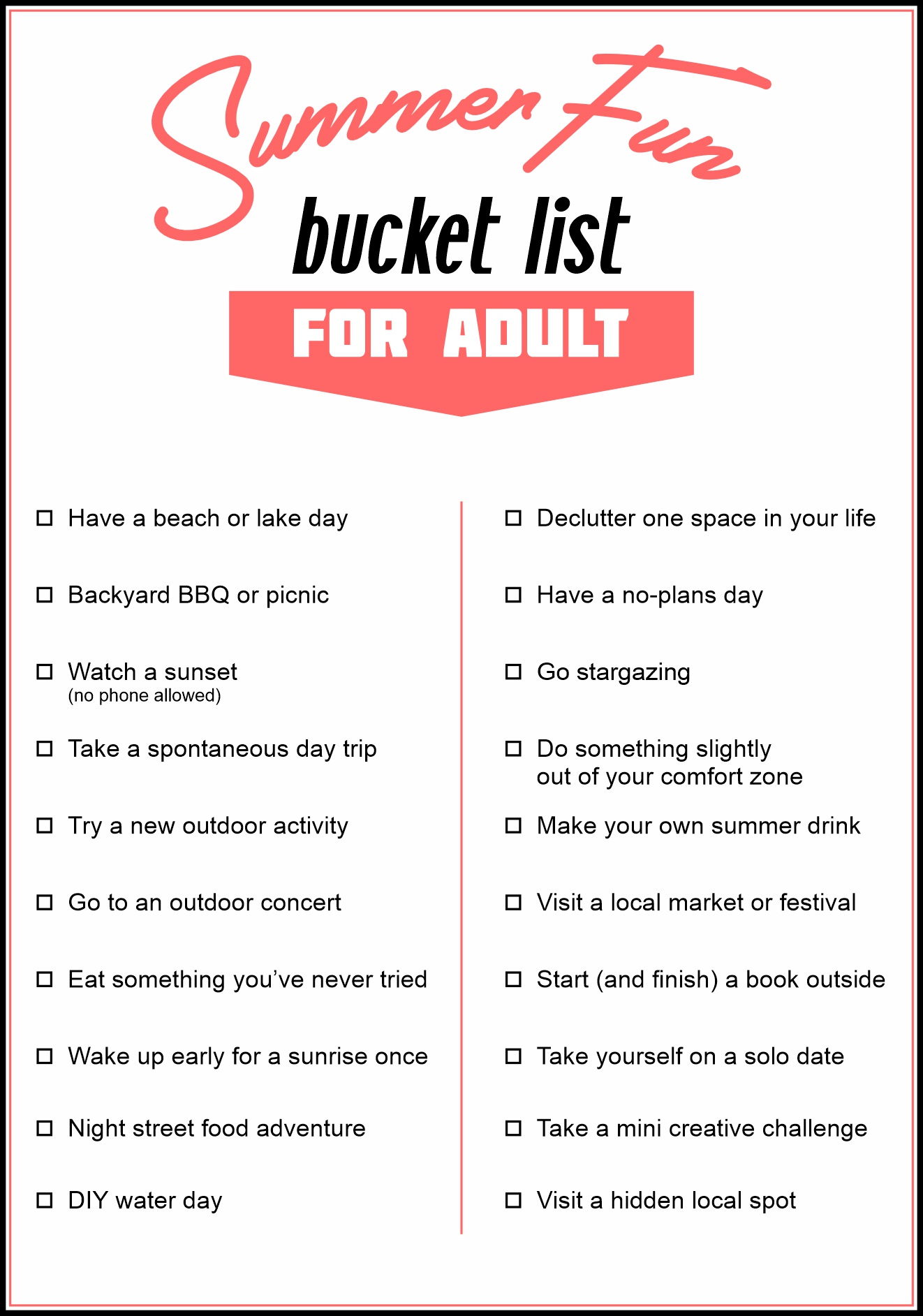 Printable Summer Fun Bucket List for Adults