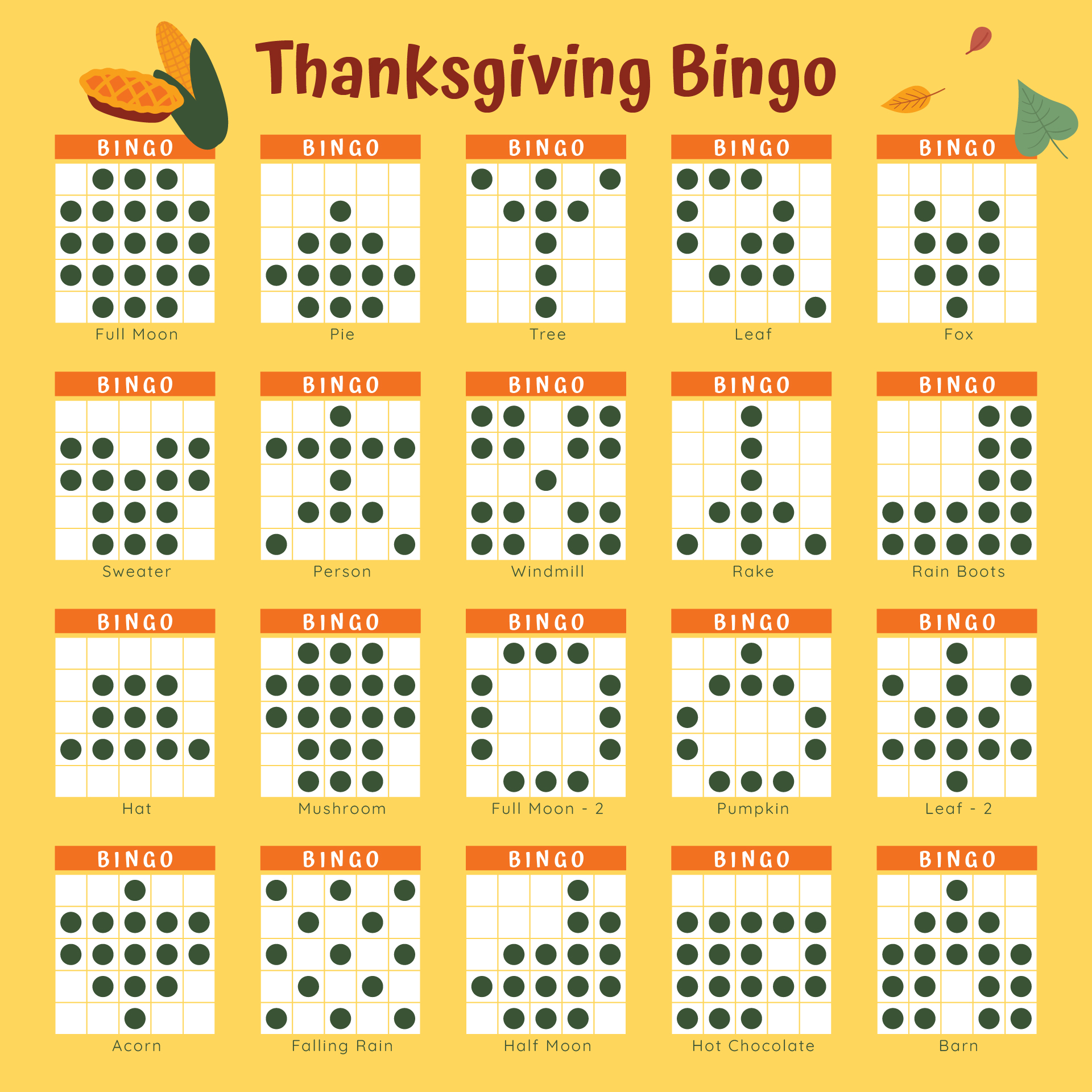Printable Thanksgiving Bingo Game Patterns