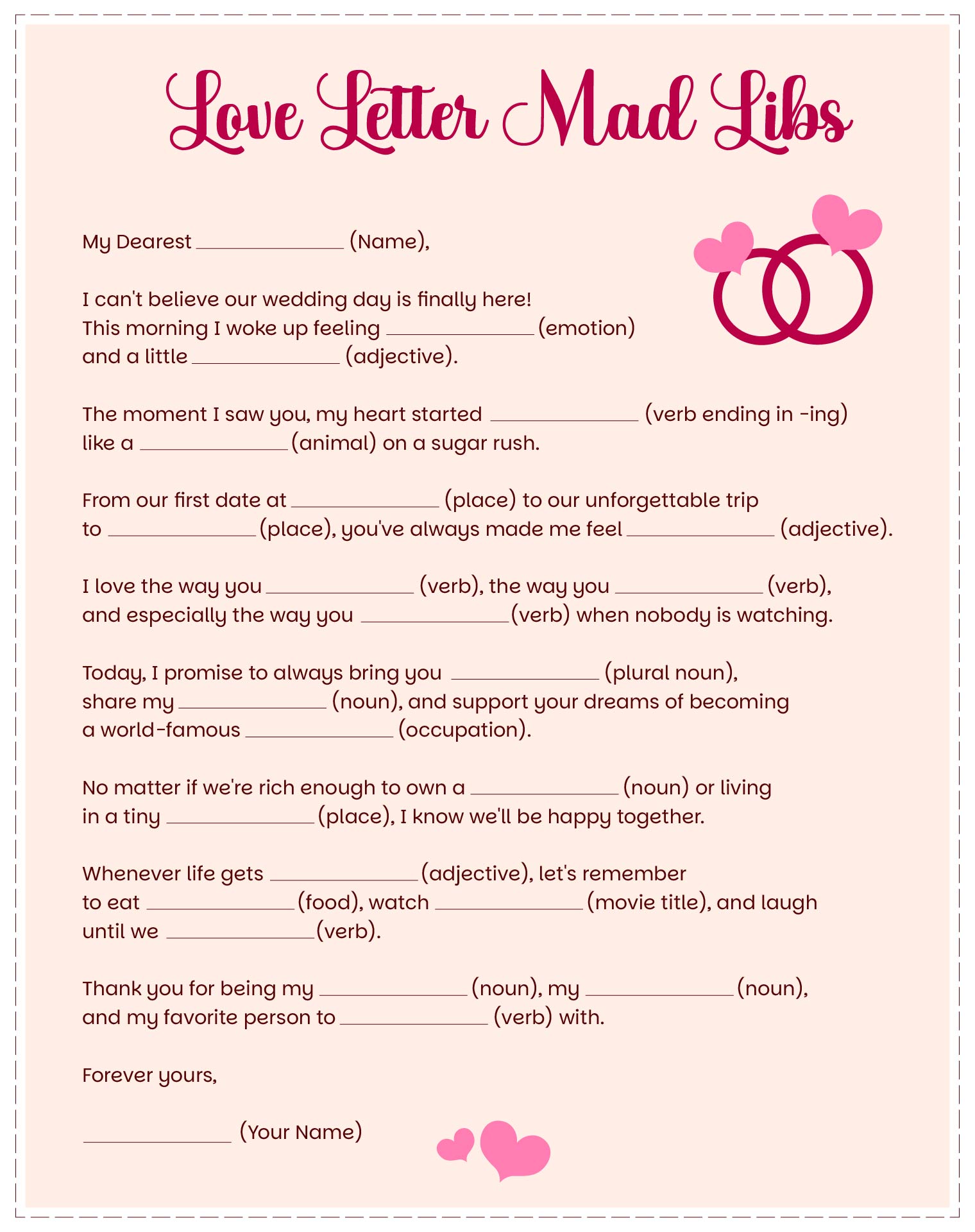 Romantic Love Letter Mad Libs Printable