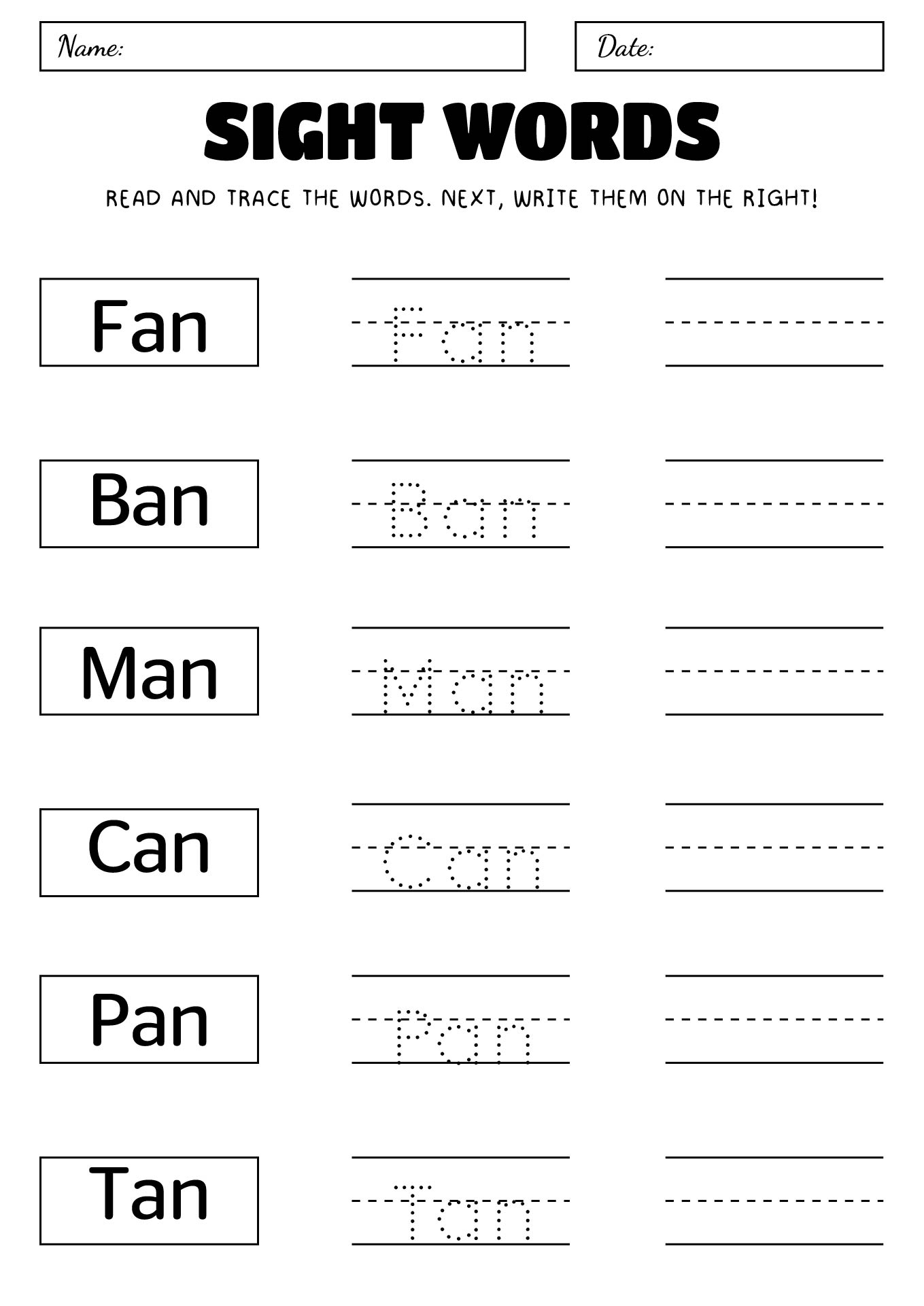 Sight Words and Word Families Printable Worksheet