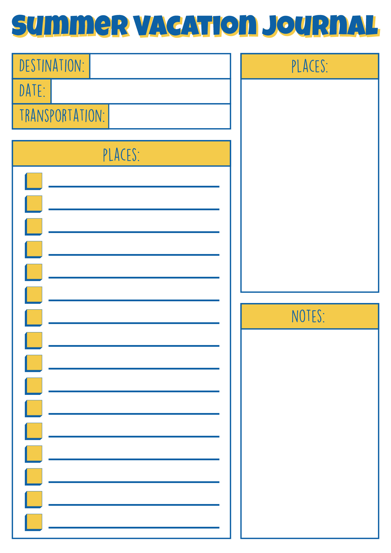 Summer Vacation Journal Pages Printables