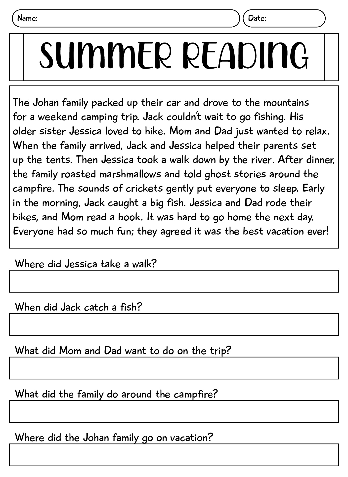 Summer Vacation Reading Comprehension Worksheets Summer Vacation Reading Comprehension Worksheets