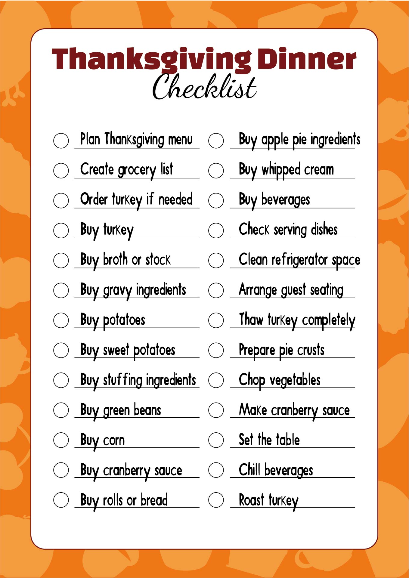 Thanksgiving Dinner Checklist Printables Thanksgiving Dinner Checklist Printables