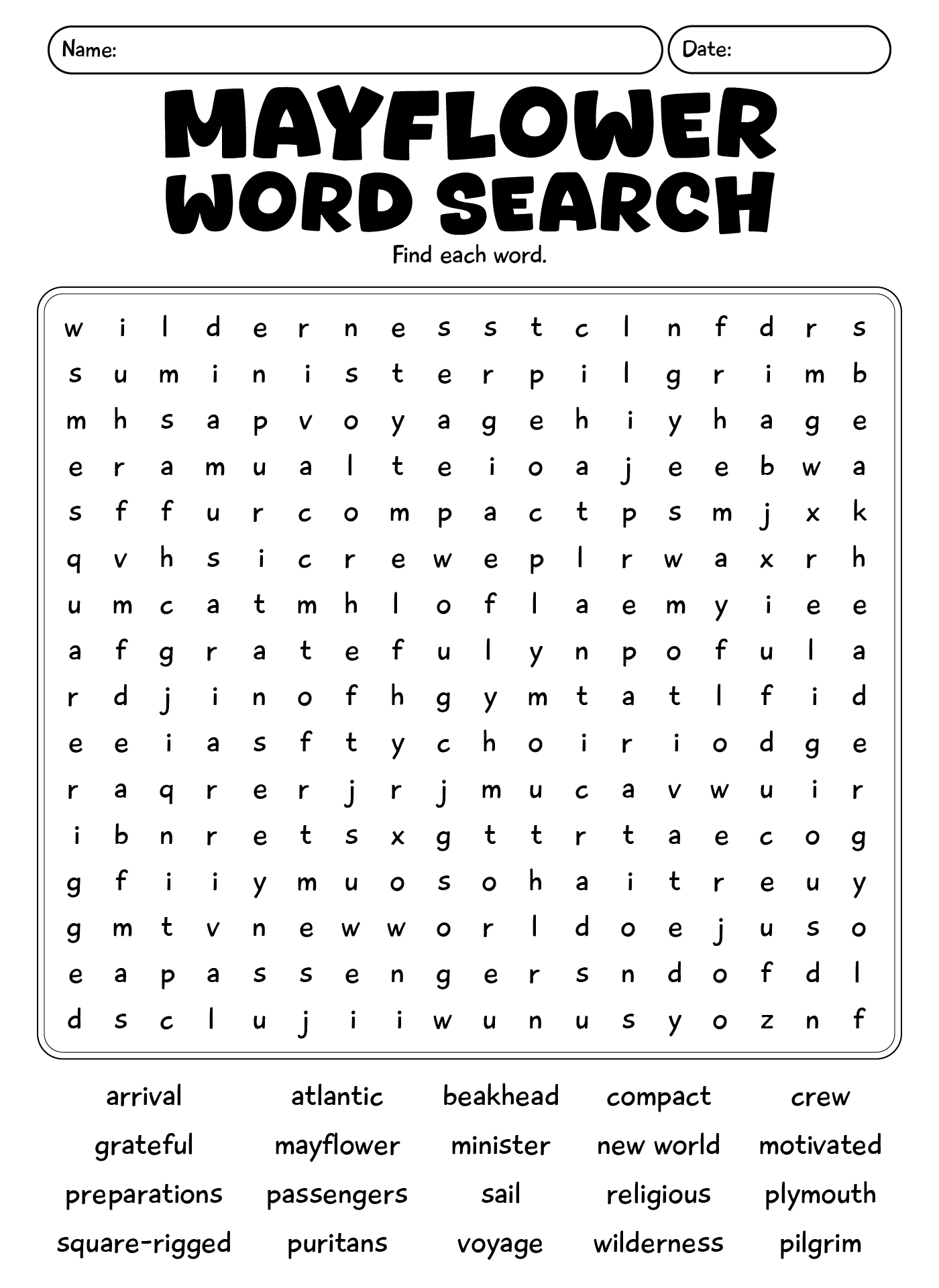 Thanksgiving Mayflower Journey Word Search Printable Thanksgiving Mayflower Journey Word Search Printable