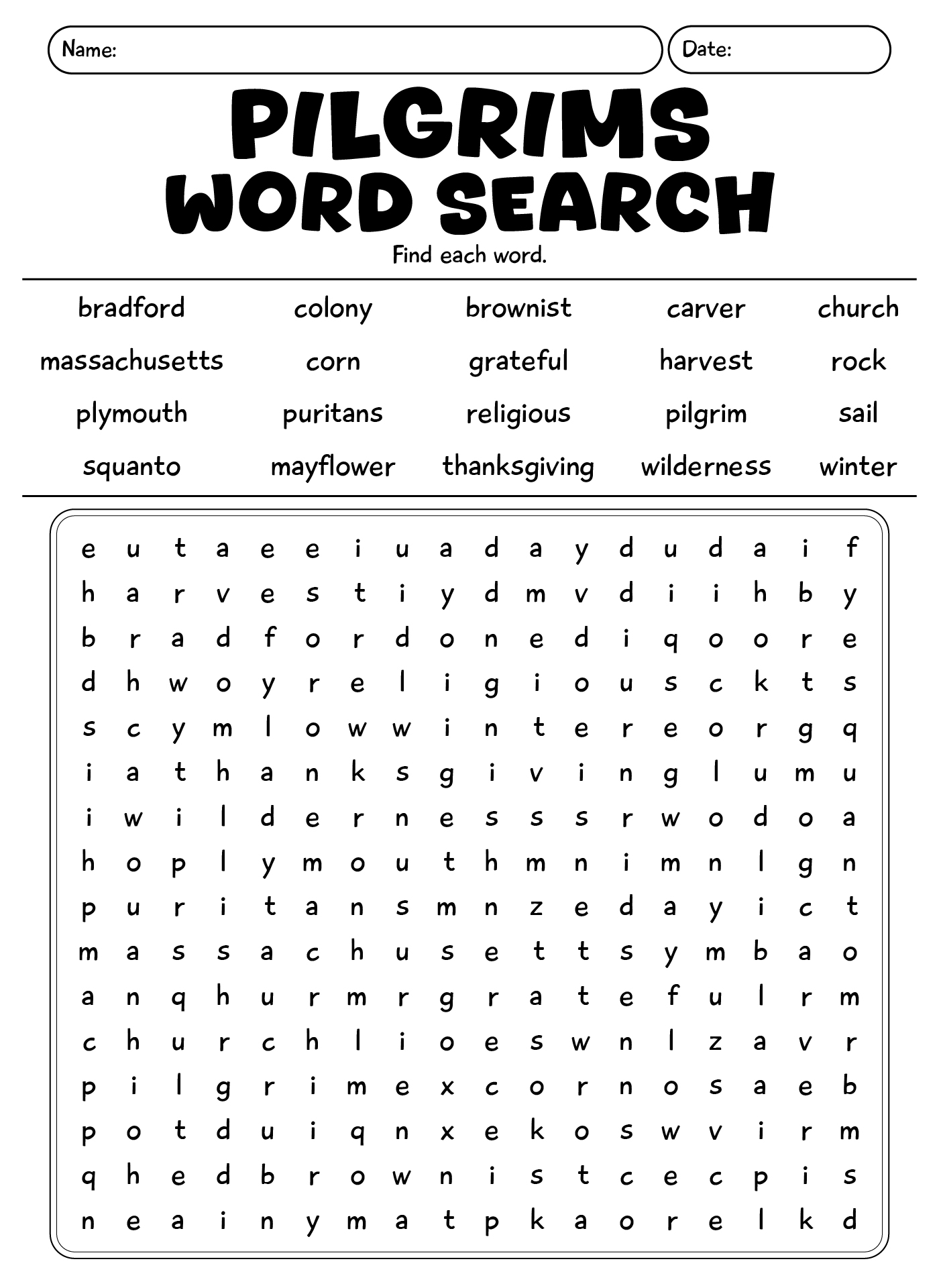 Thanksgiving Pilgrims Word Search Printable Thanksgiving Pilgrims Word Search Printable