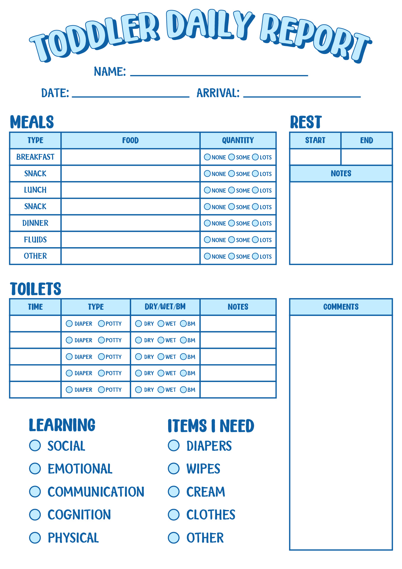 Toddler Daily Report Sheets Printable