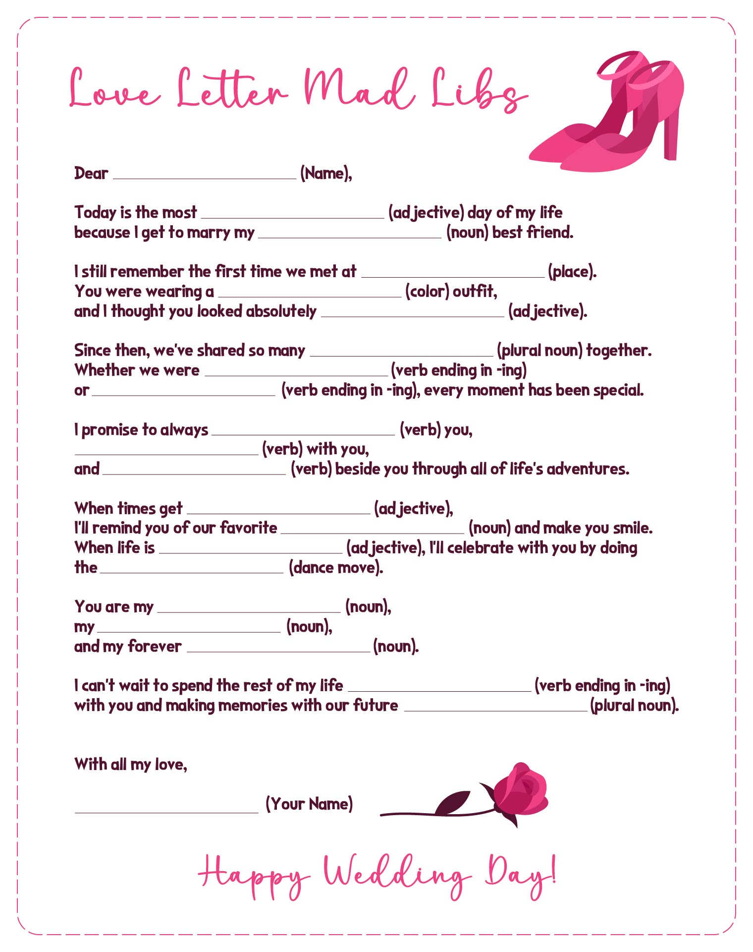 Wedding Day Love Letter Mad Libs Printable