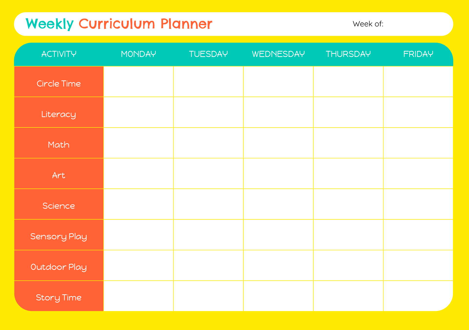 Weekly Preschool Curriculum Chart Printables