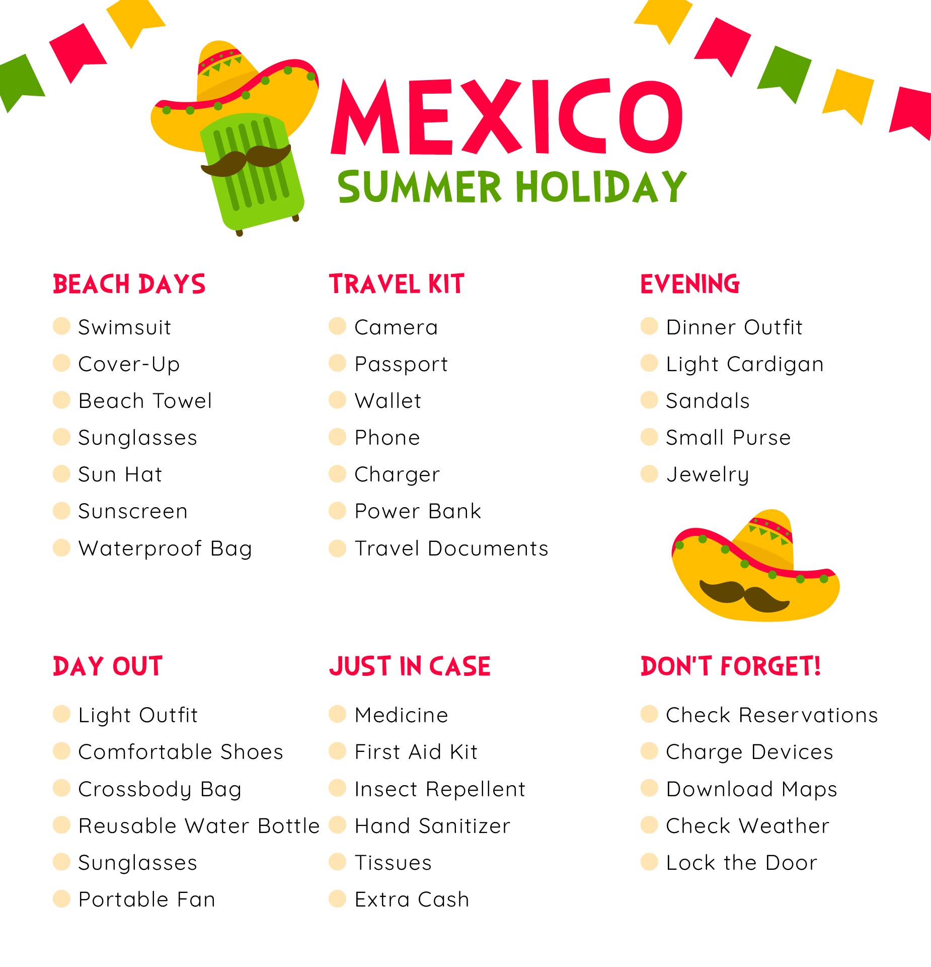 Mexico Summer Holiday Packing List Printable