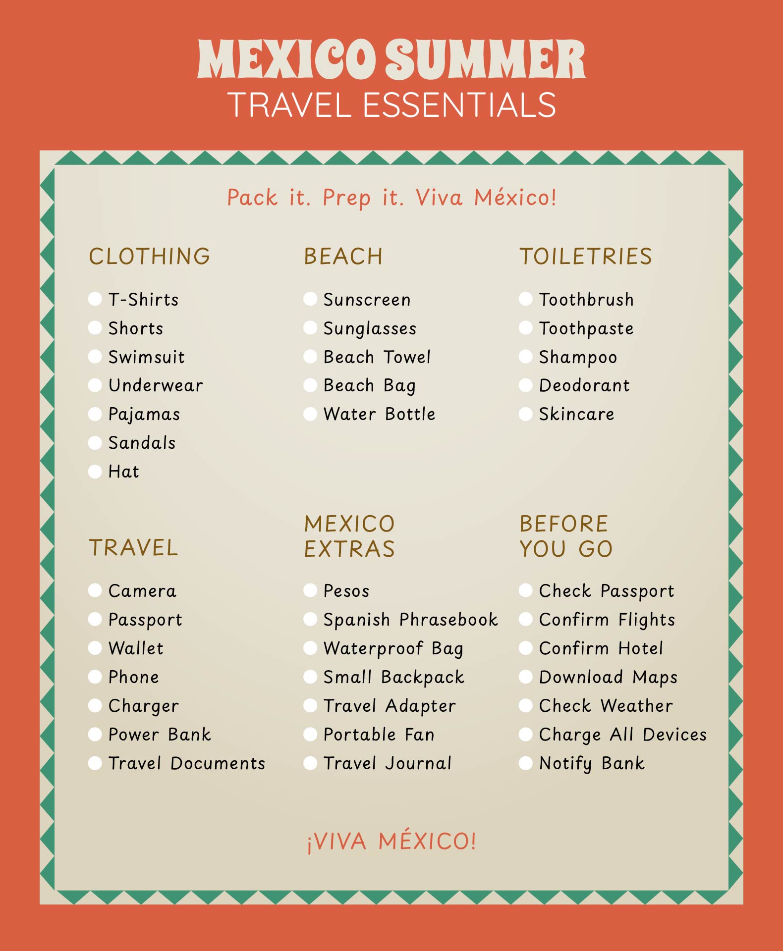 Mexico Summer Travel Essentials List Printable