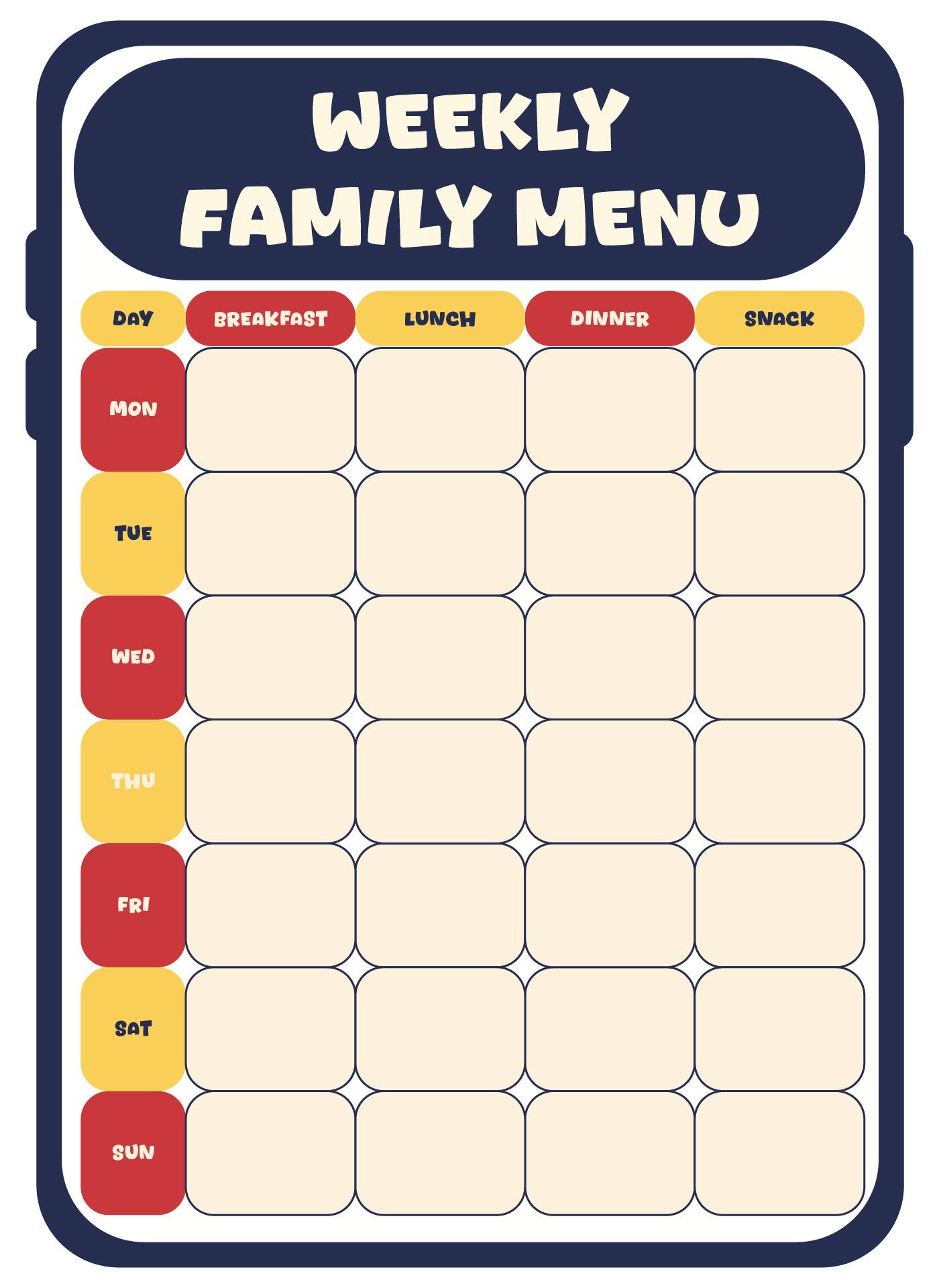 Weekly Family Menu Planner Chart Printable Weekly Family Menu Planner Chart Printable