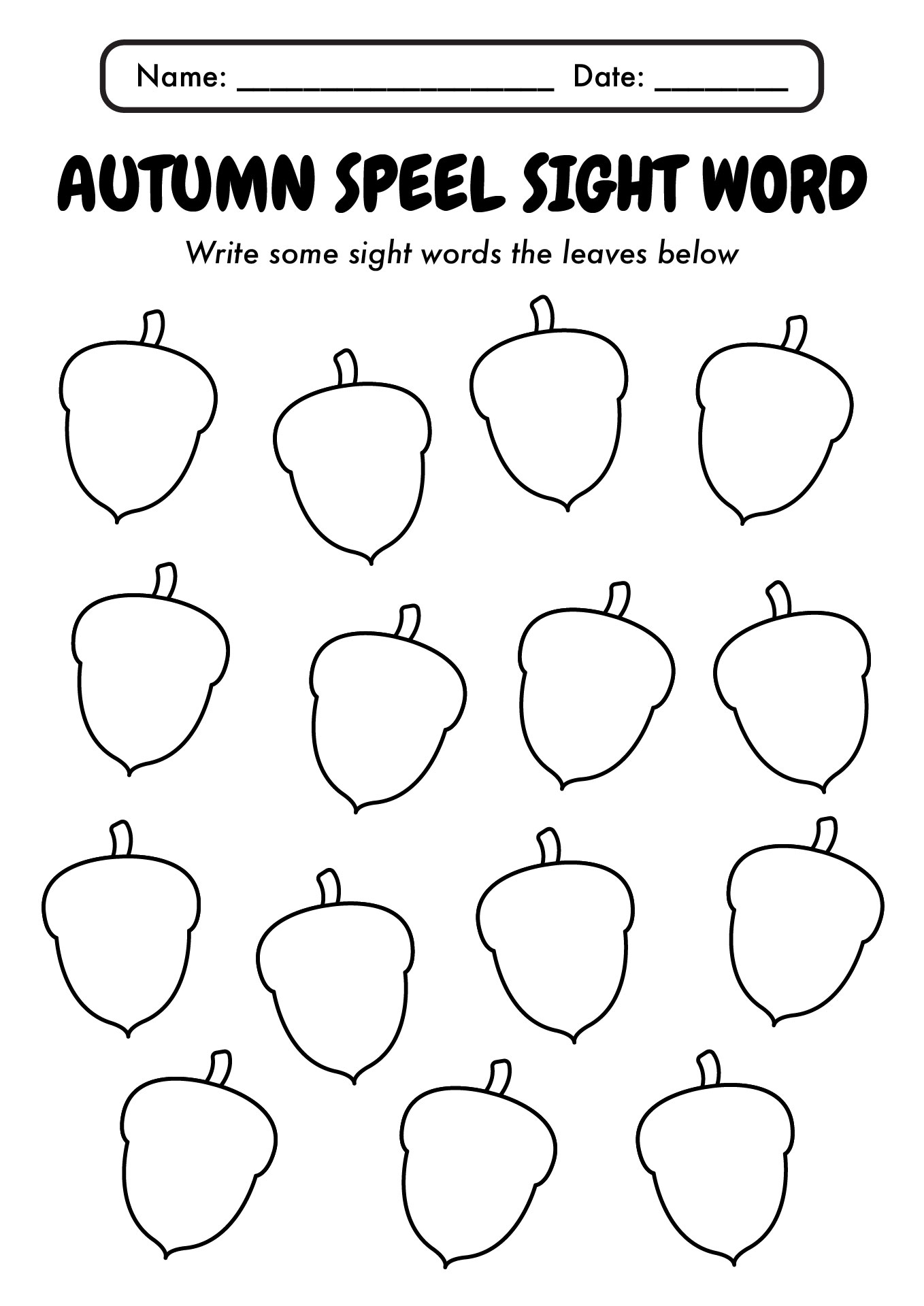 Autumn Kindergarten Sight Words Worksheets