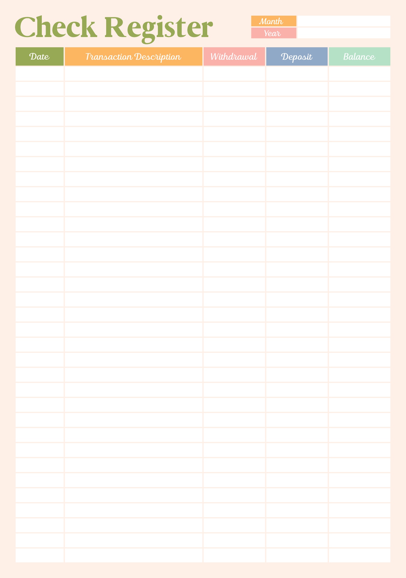 Basic Printable Checkbook Register Basic Printable Checkbook Register