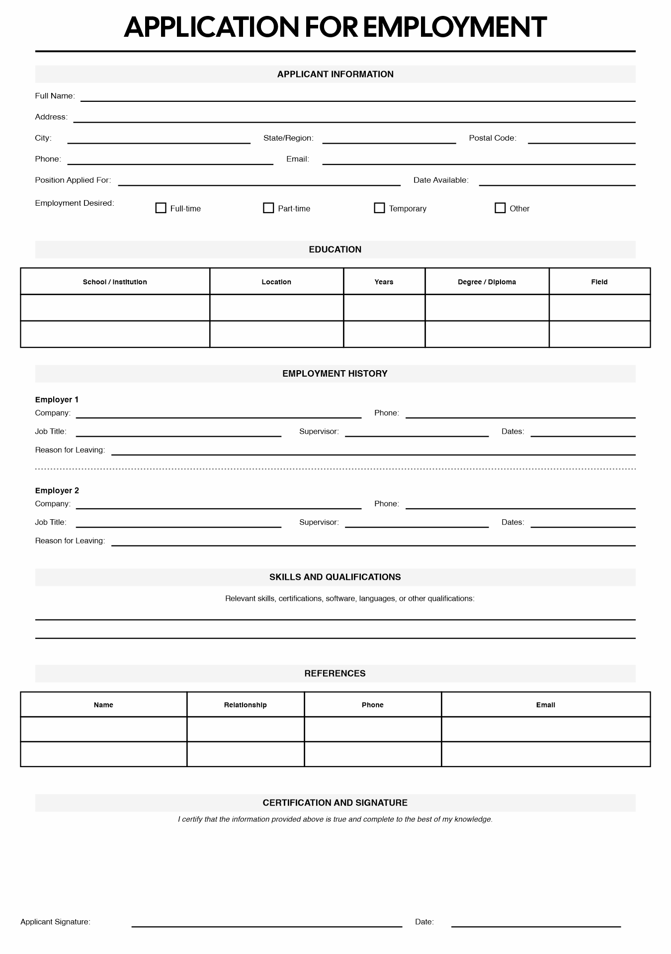 Blank Application for Employment Form to Print Blank Application for Employment Form to Print