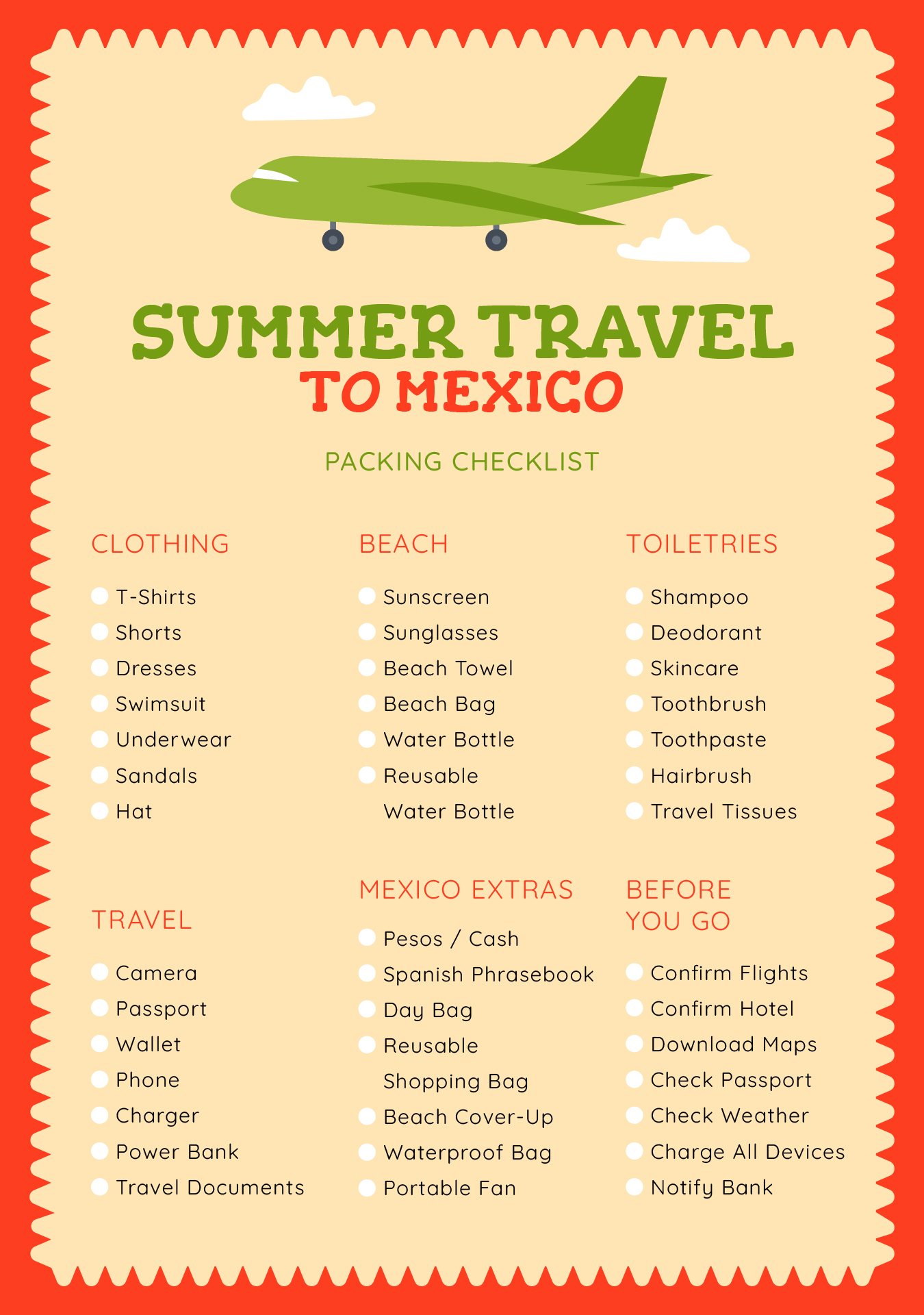 Checklist for Summer Travel to Mexico Printable