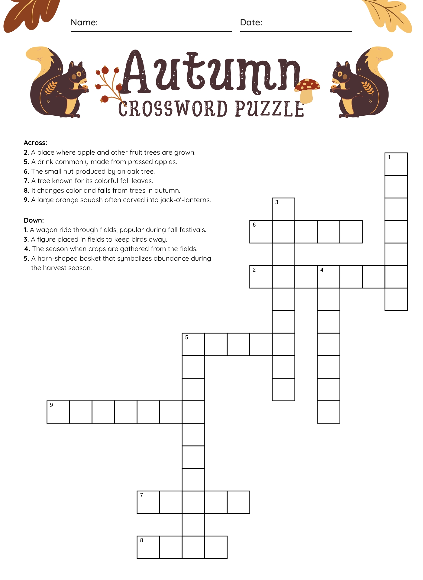 Fall Crossword for Kids Printable Fall Crossword for Kids Printable