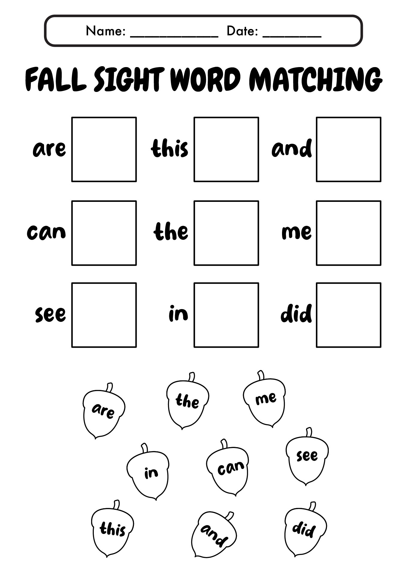 Fall Kindergarten Sight Words Activities