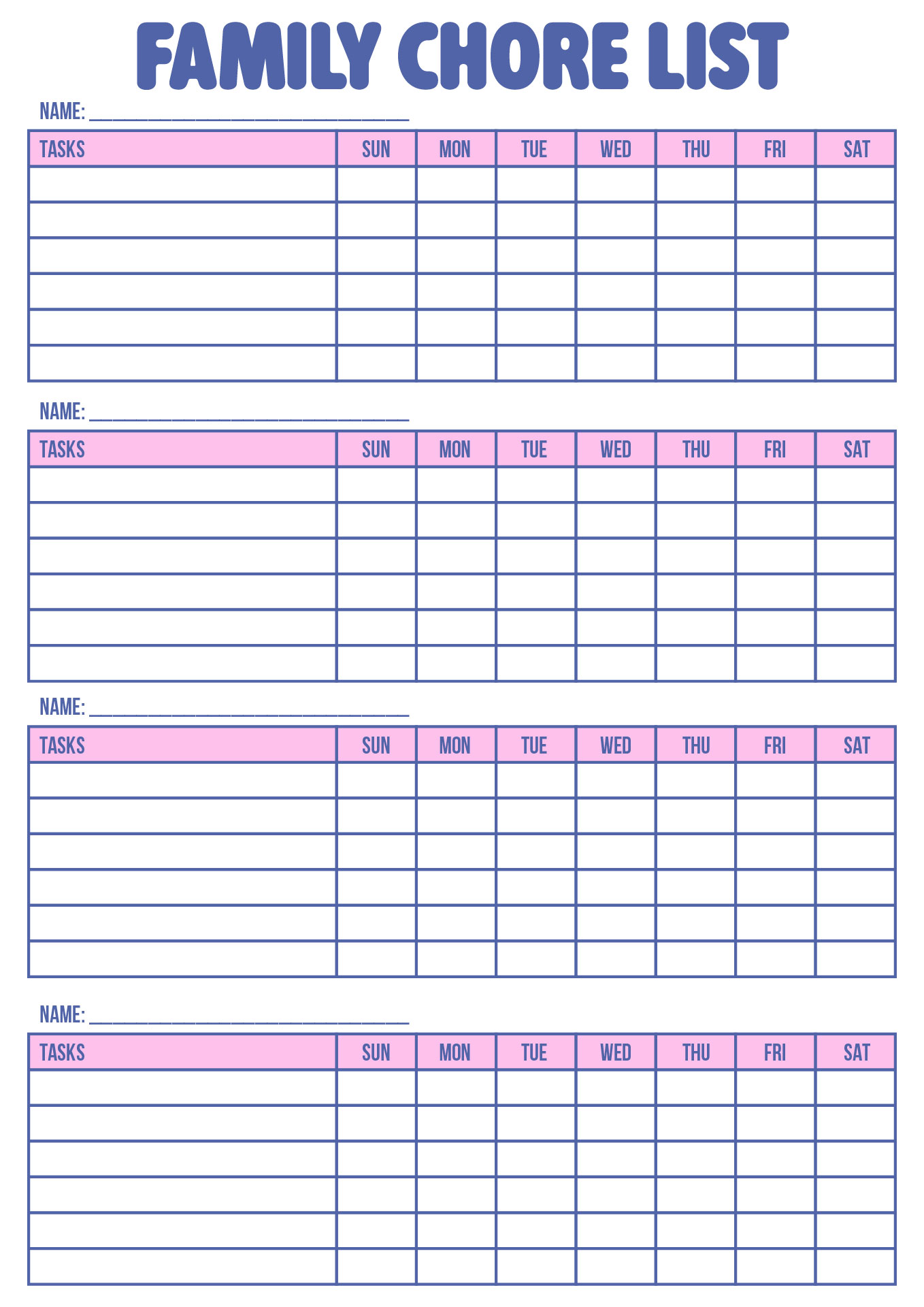 Family Responsibility Chore Chart Printable