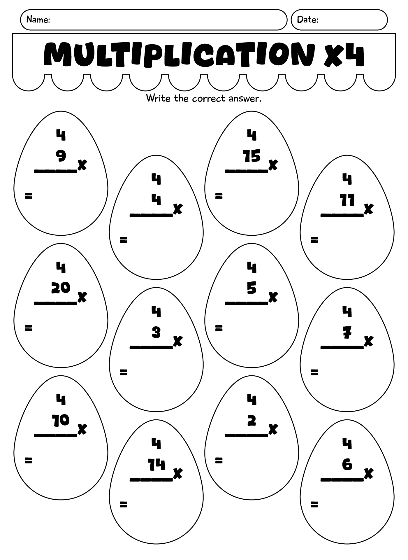 Multiplication X4 Practice Sheet Printable