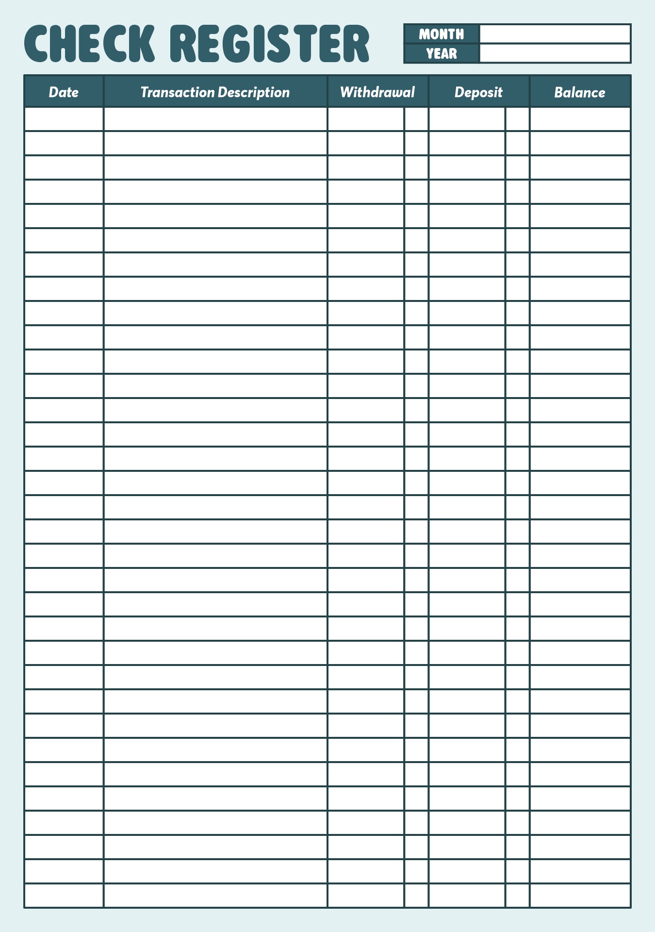 Printable Check Register for Personal Checkbook Printable Check Register for Personal Checkbook