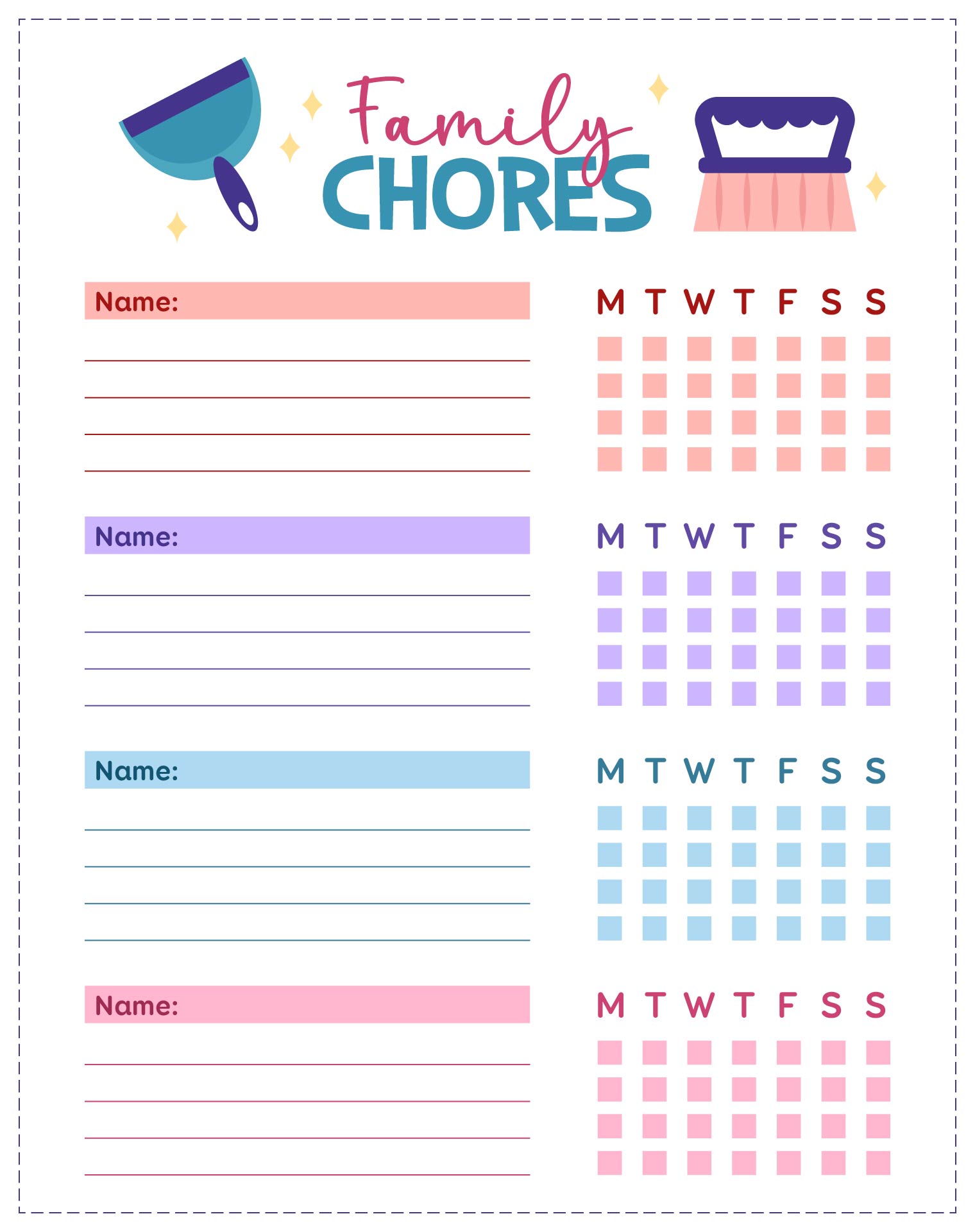 Printable Daily Home Chore Charts for Family