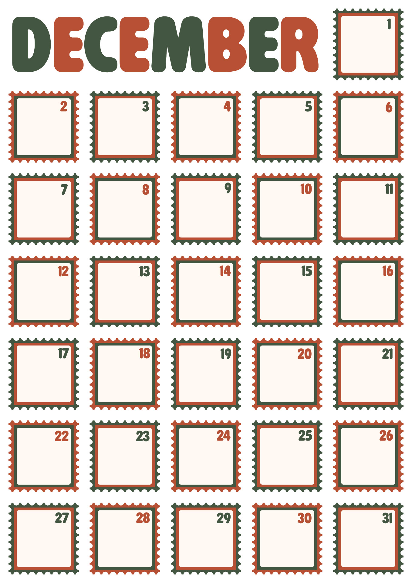 Printable December Calendar Day Labels