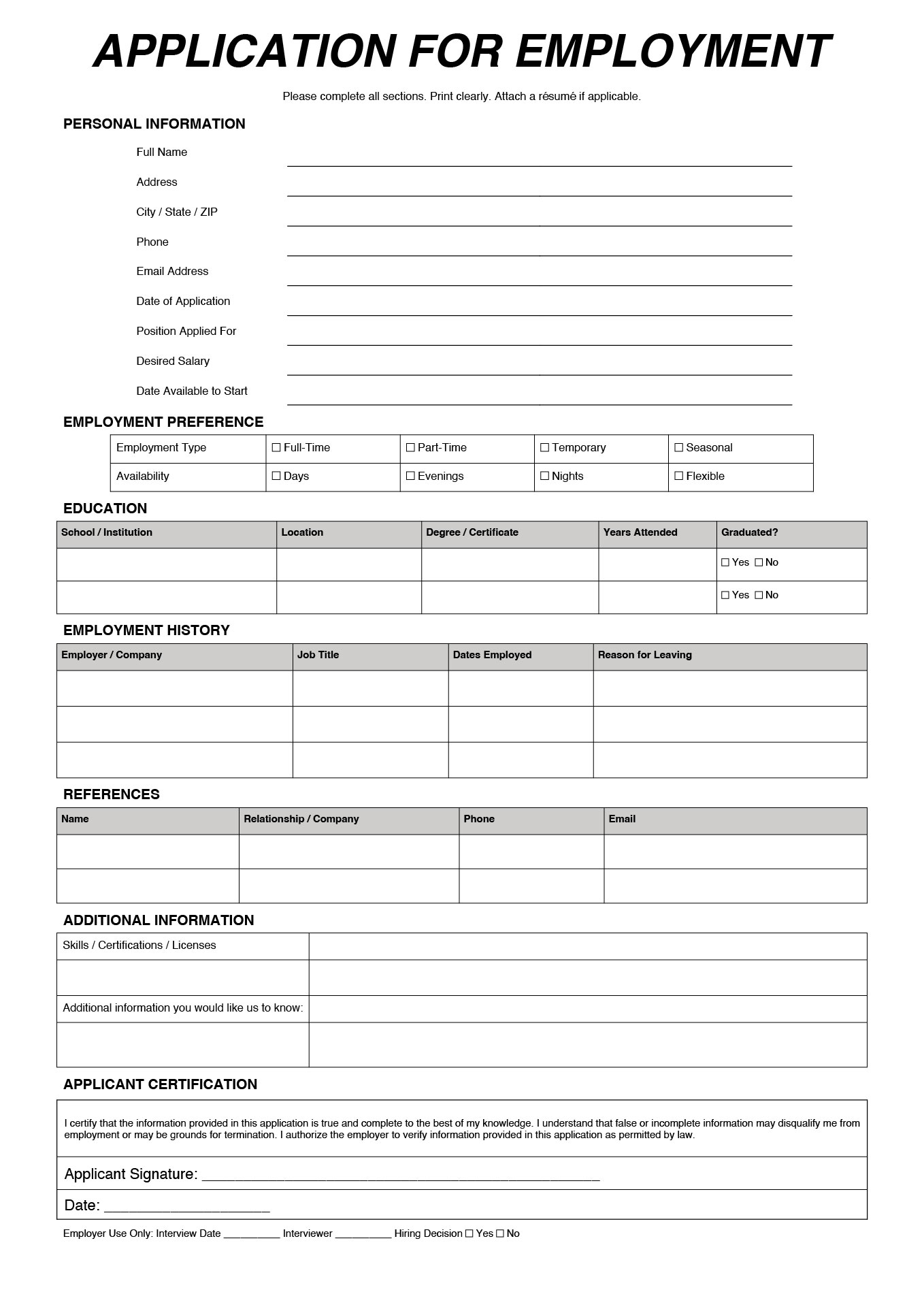 Printable Generic Application for Employment Printable Generic Application for Employment