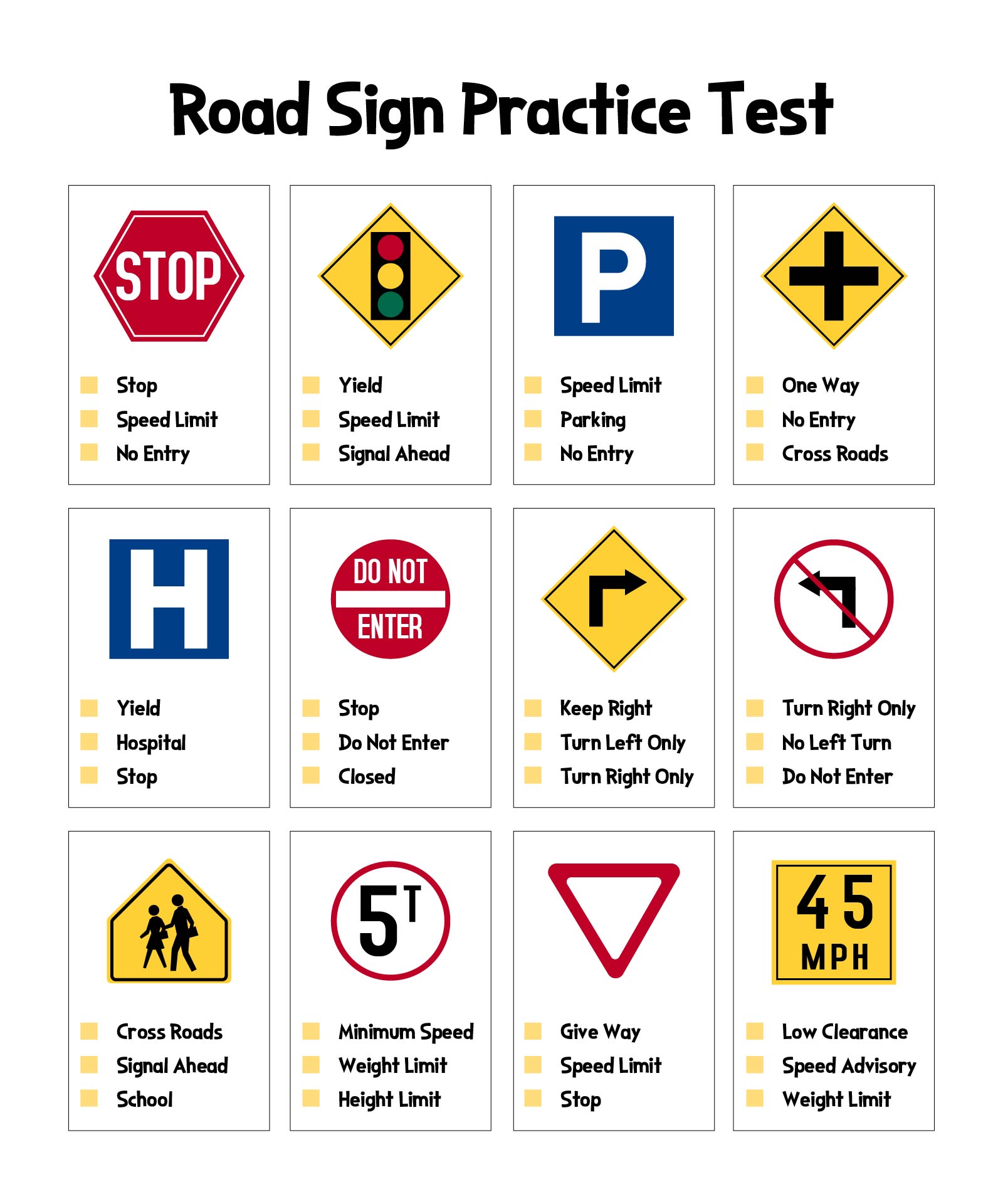 Printable Road Sign Practice Test for Learners Printable Road Sign Practice Test for Learners