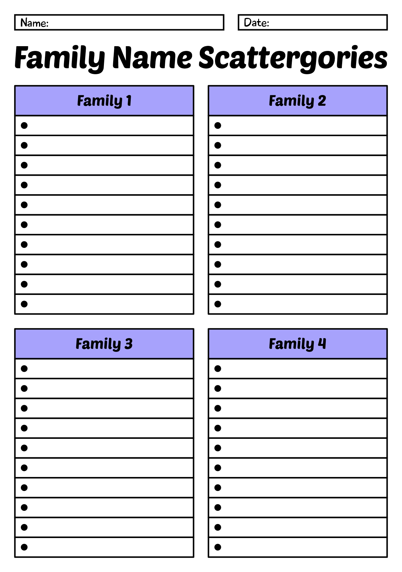 Scattergories Family Night Question Sheets Scattergories Family Night Question Sheets