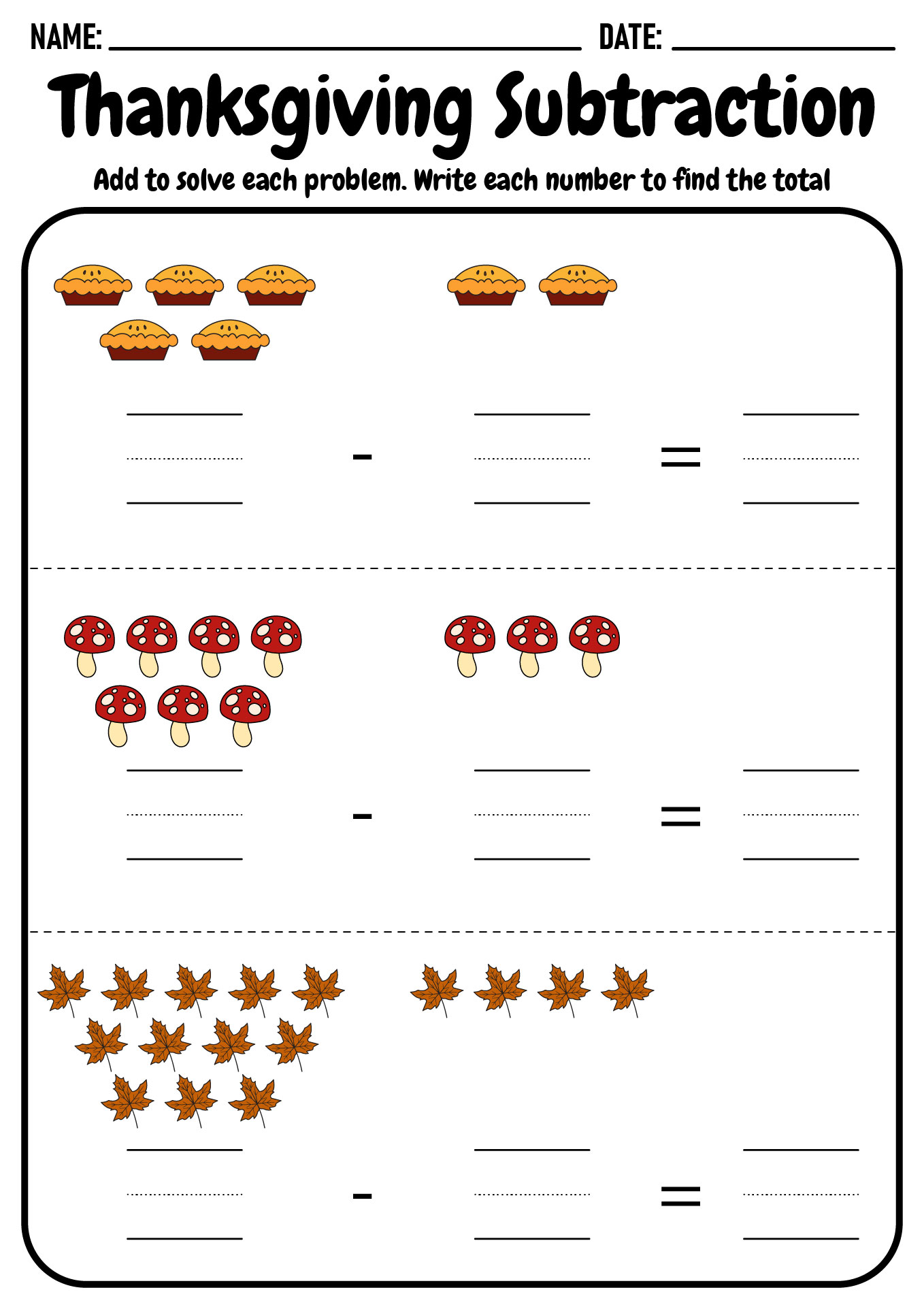 Thanksgiving Subtraction Activity Sheets for Kindergarten Thanksgiving Subtraction Activity Sheets for Kindergarten