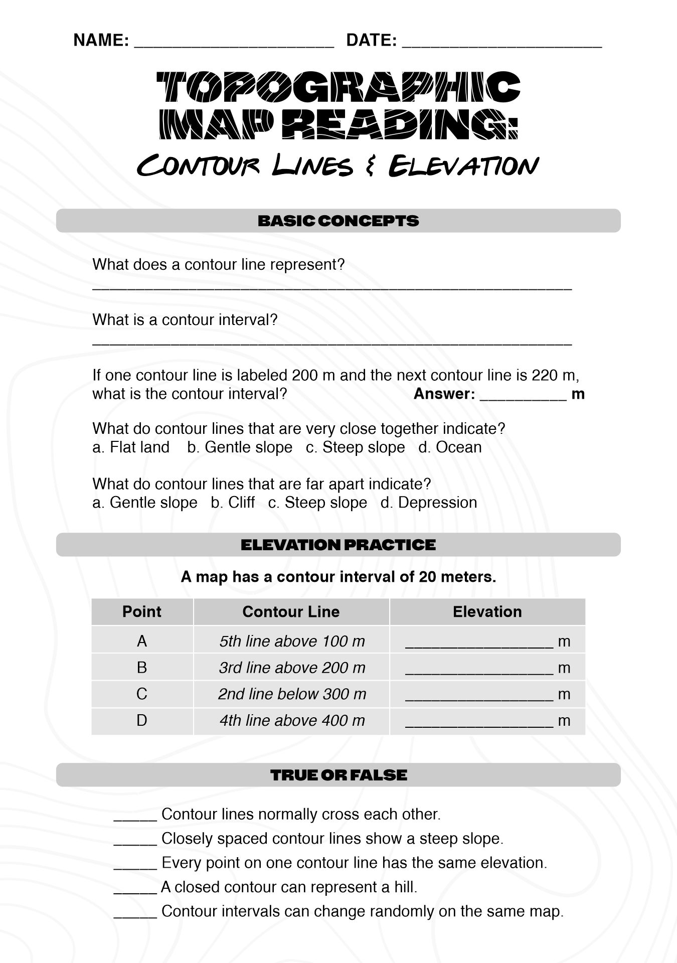 Topographic Map Reading Practice Sheets Topographic Map Reading Practice Sheets